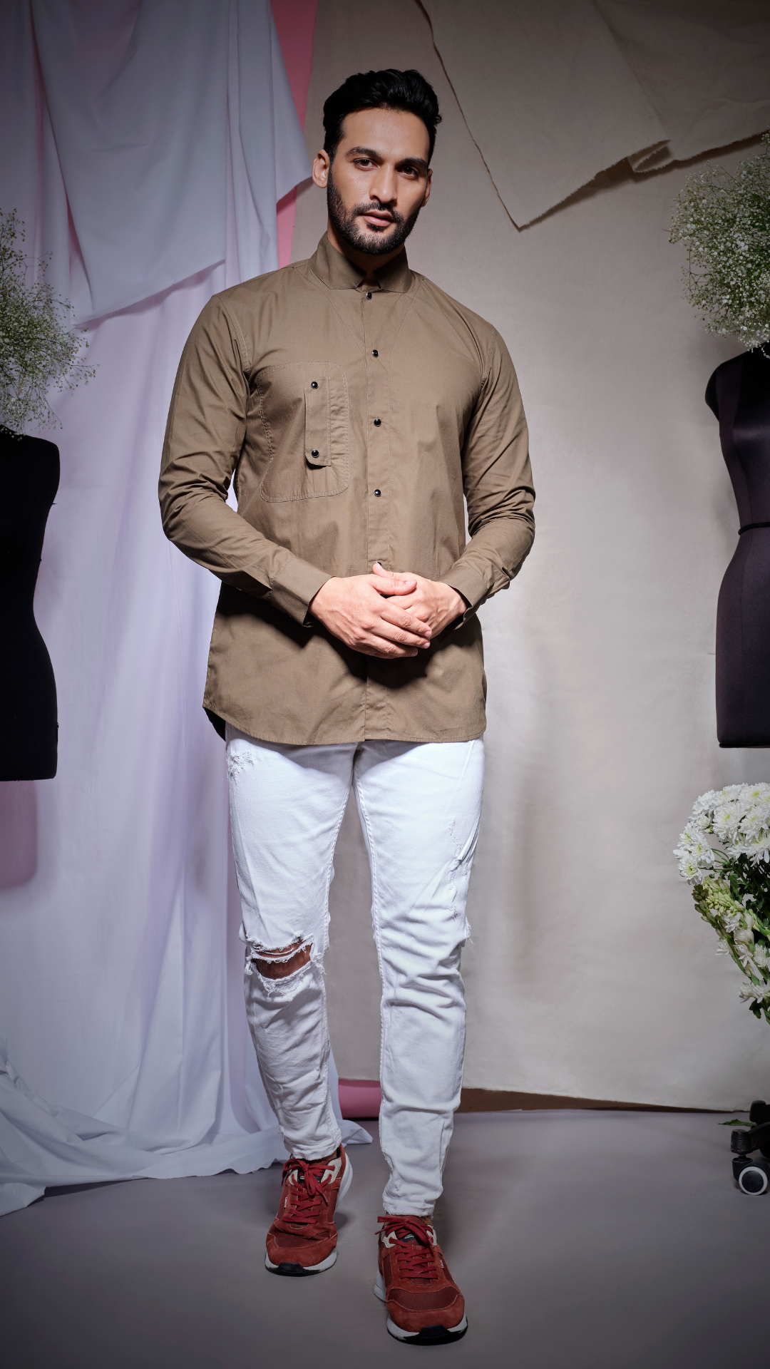 Green zara shirt with stand collar self toke panel and vertical flap pocket