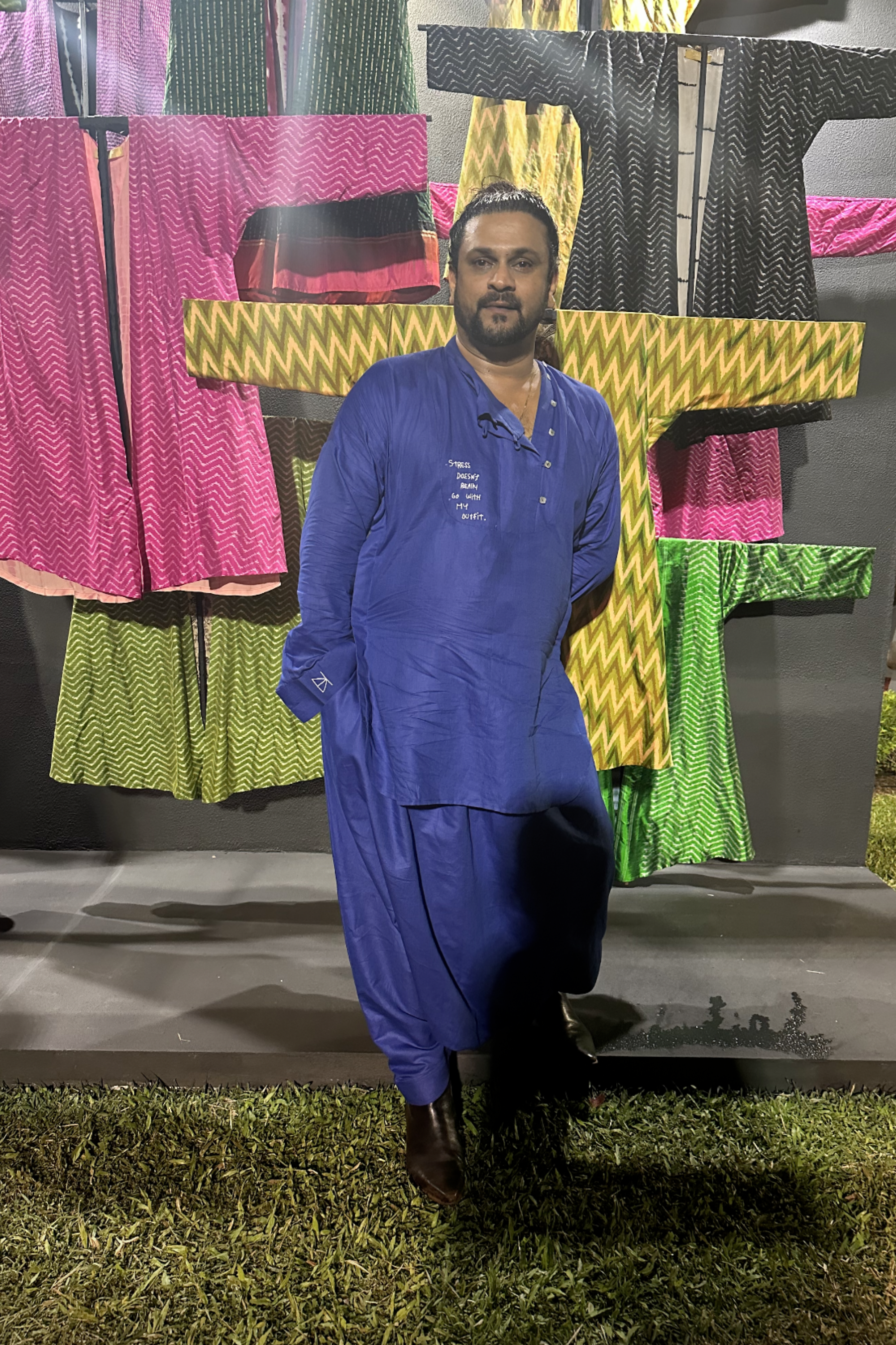 Blue Linen Harom Pants with Short Embroidered Kurta