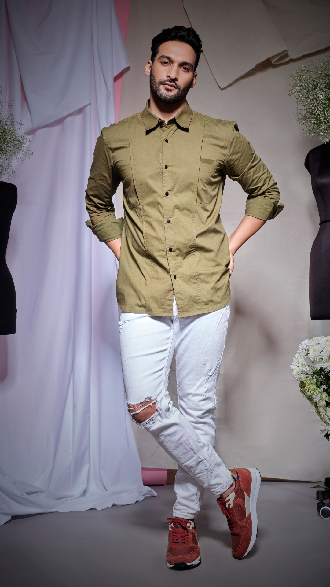 Brown zara shirt with flap on both sides and hidden pockets feature