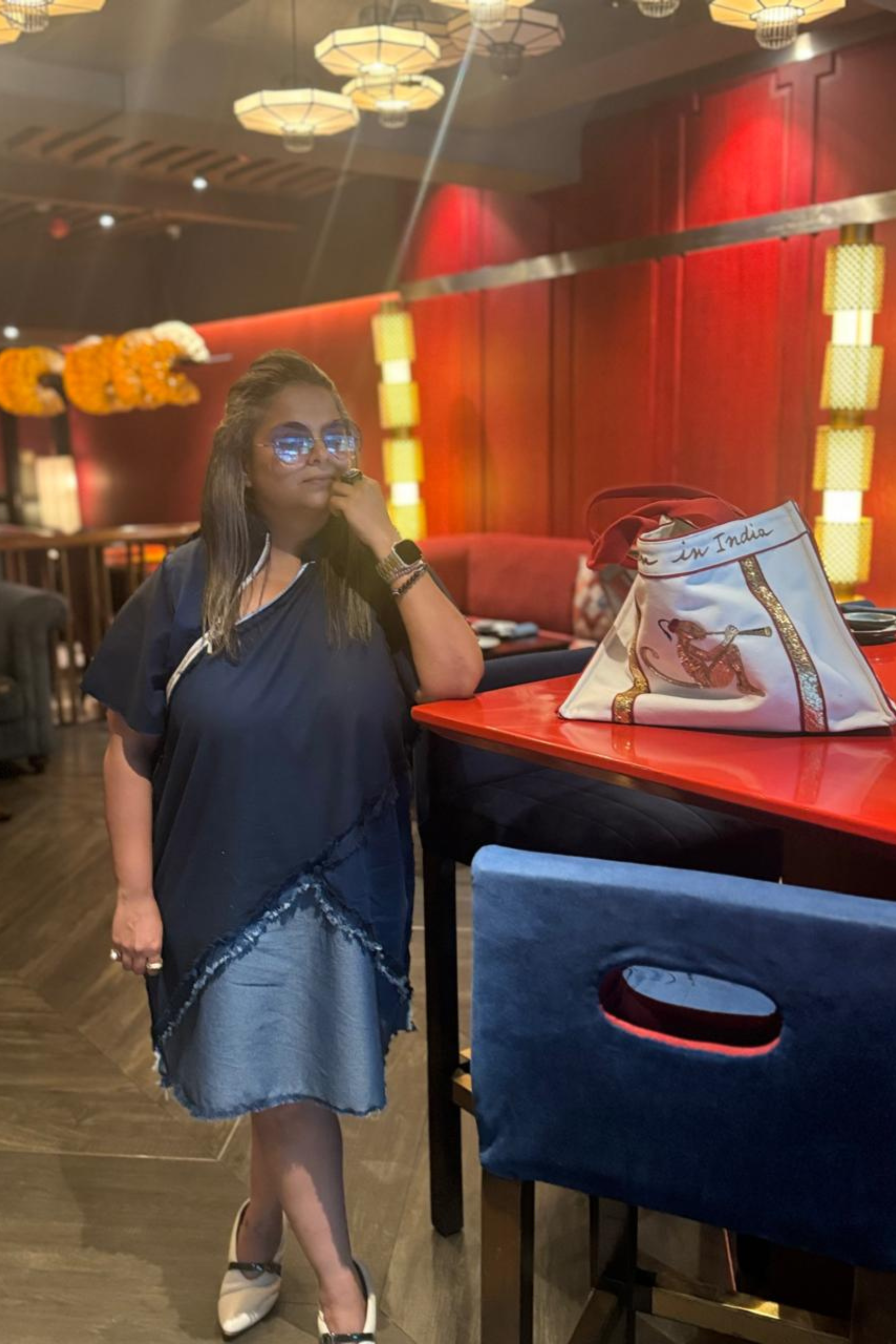 Shades of Blue Cotton Ruched Dress with Zipper Neck