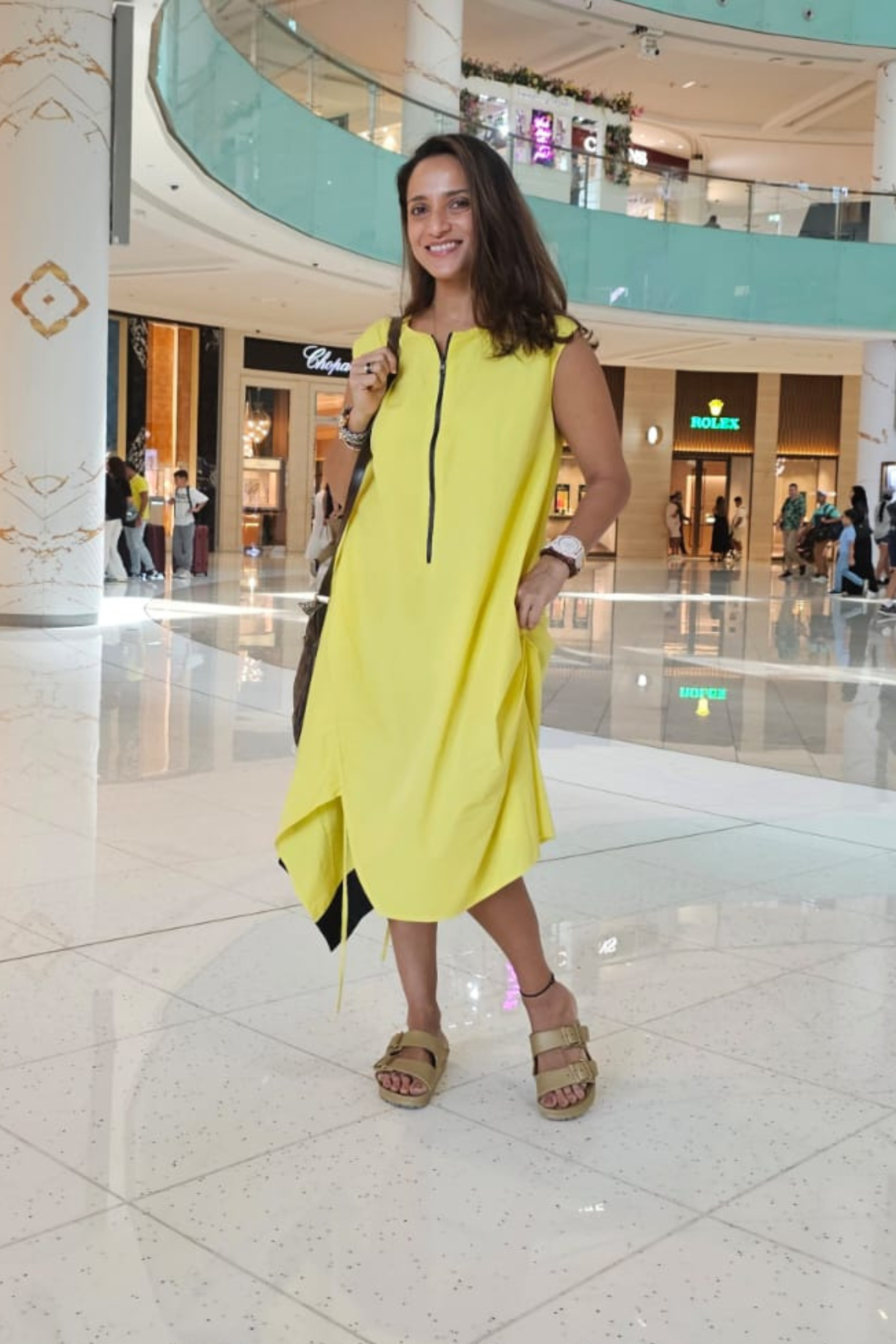 Yellow Cotton Zipper Dress with String Detailing