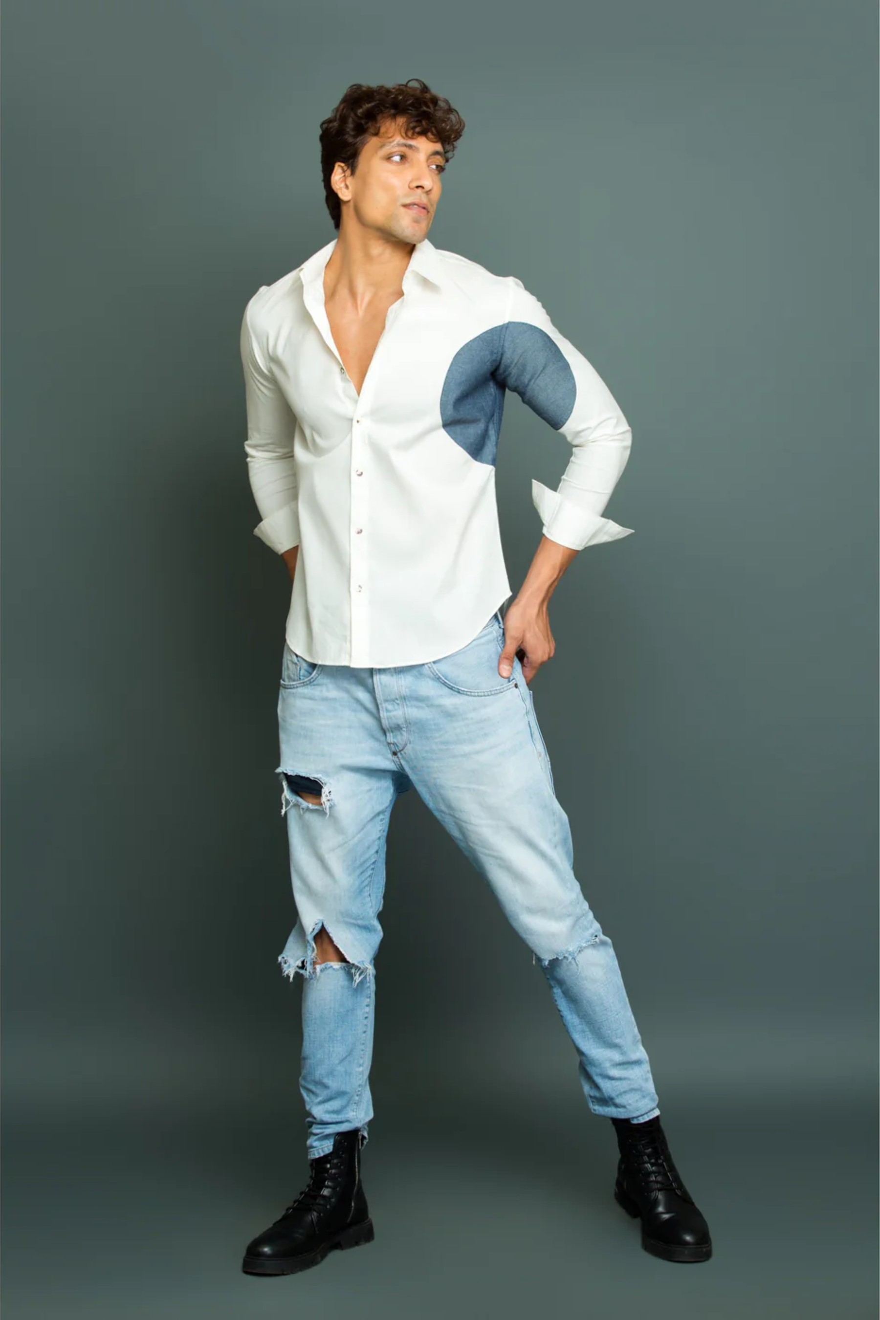White shirt with denim round patchwork detailing.