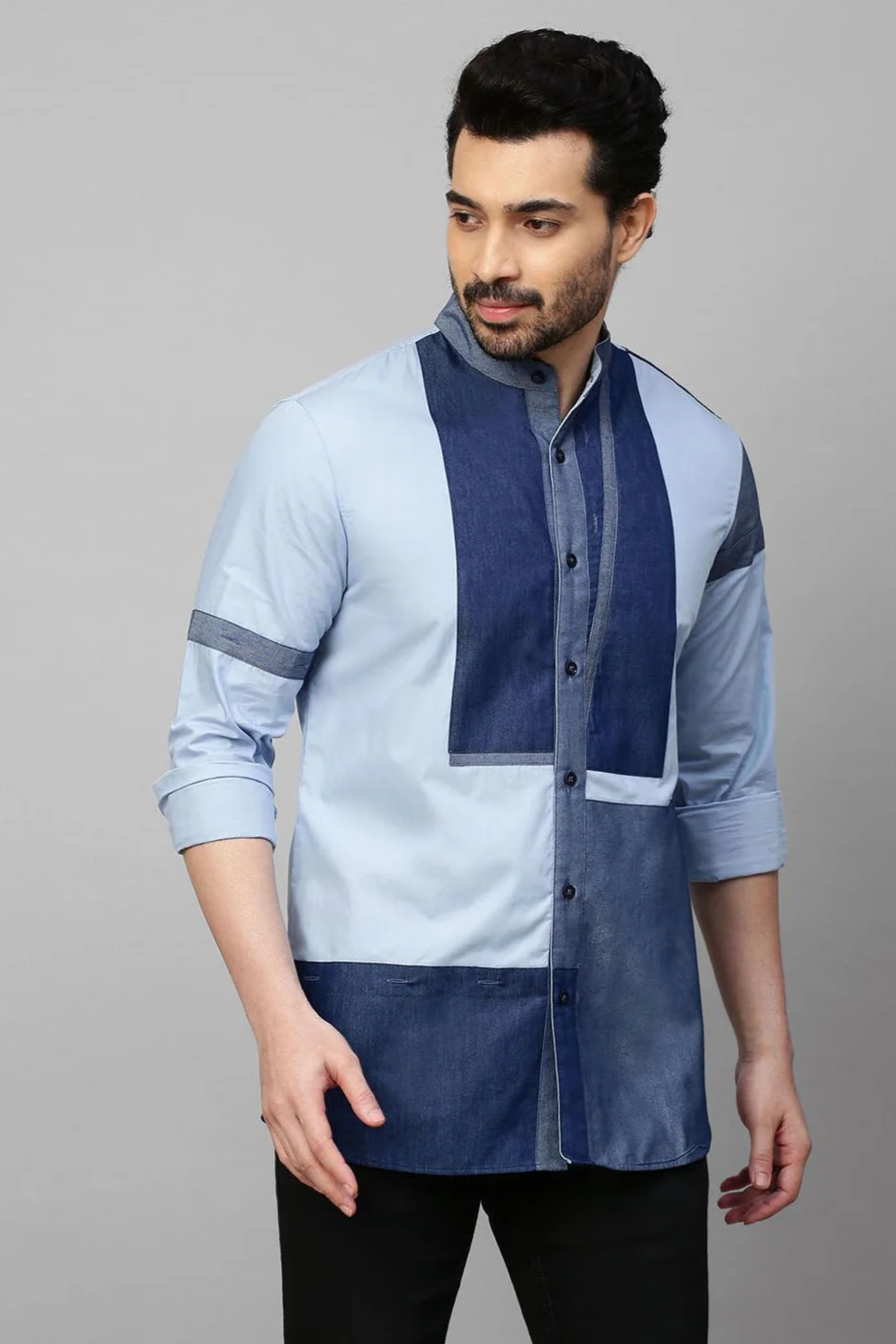 Sky Blue Shirt with denim patch work detailing .