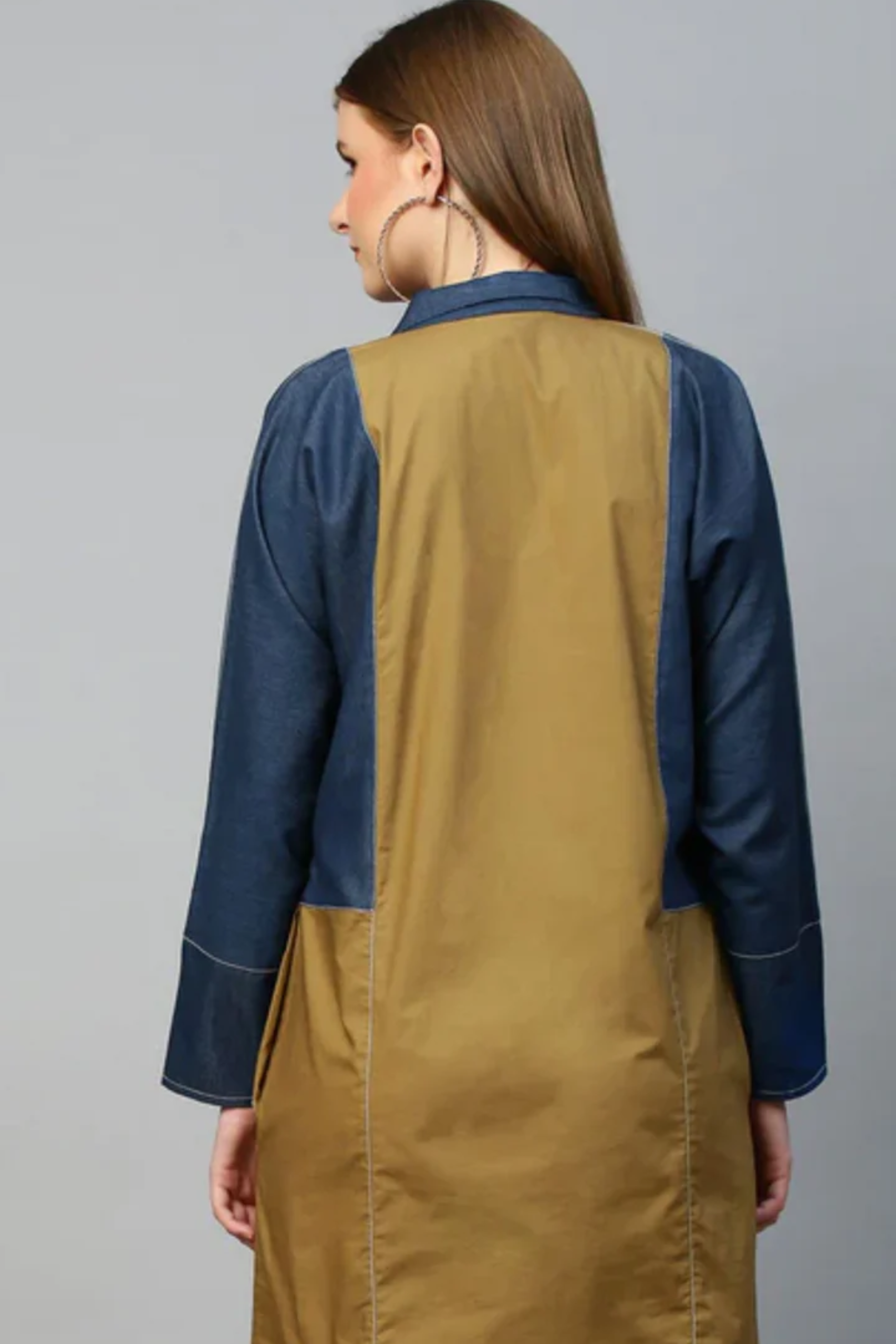 Blue and khaki short shirt dress features raglan sleeves and a chinese collar.