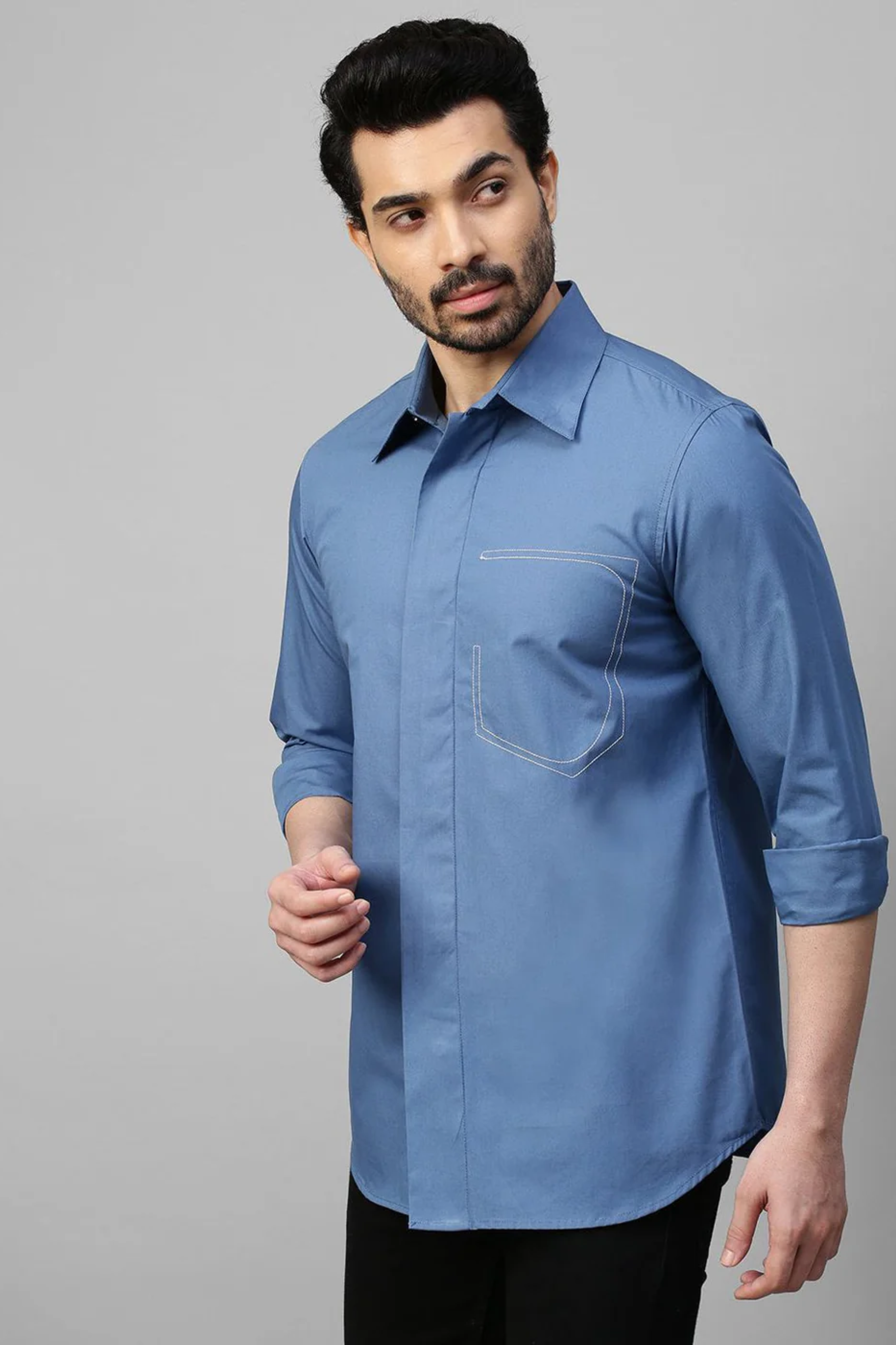 Slate blue classic shirt with white stitching pocket feature.