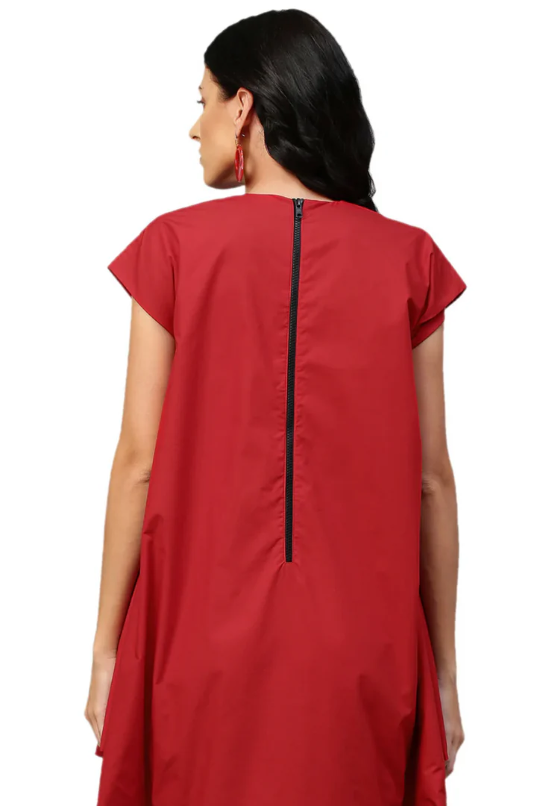 Red cap sleeves dress with assymetric flared feature.
