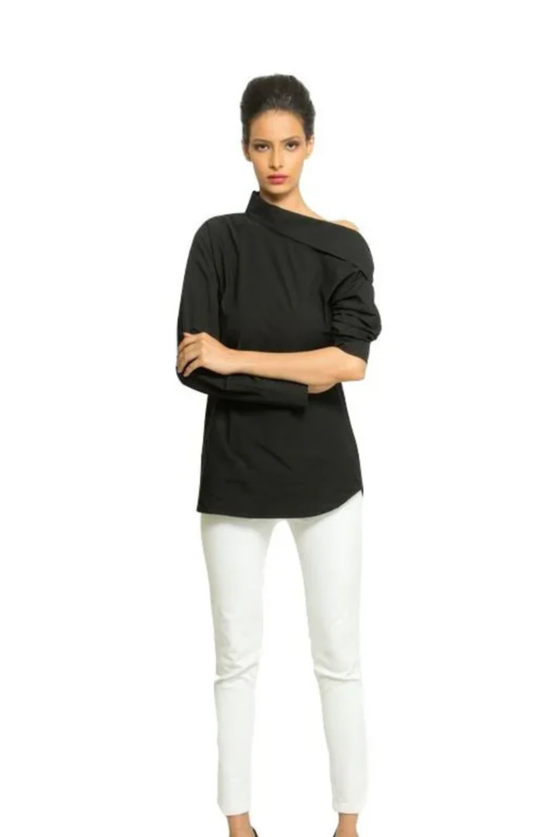 Black off-shoulder shirt features full sleeves, statement collars and button closure.