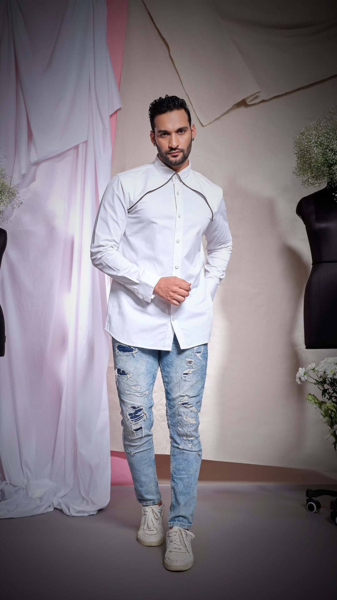 White zara with gold zip Loki Shirt with no saperate collar but yoke which looks like big collar