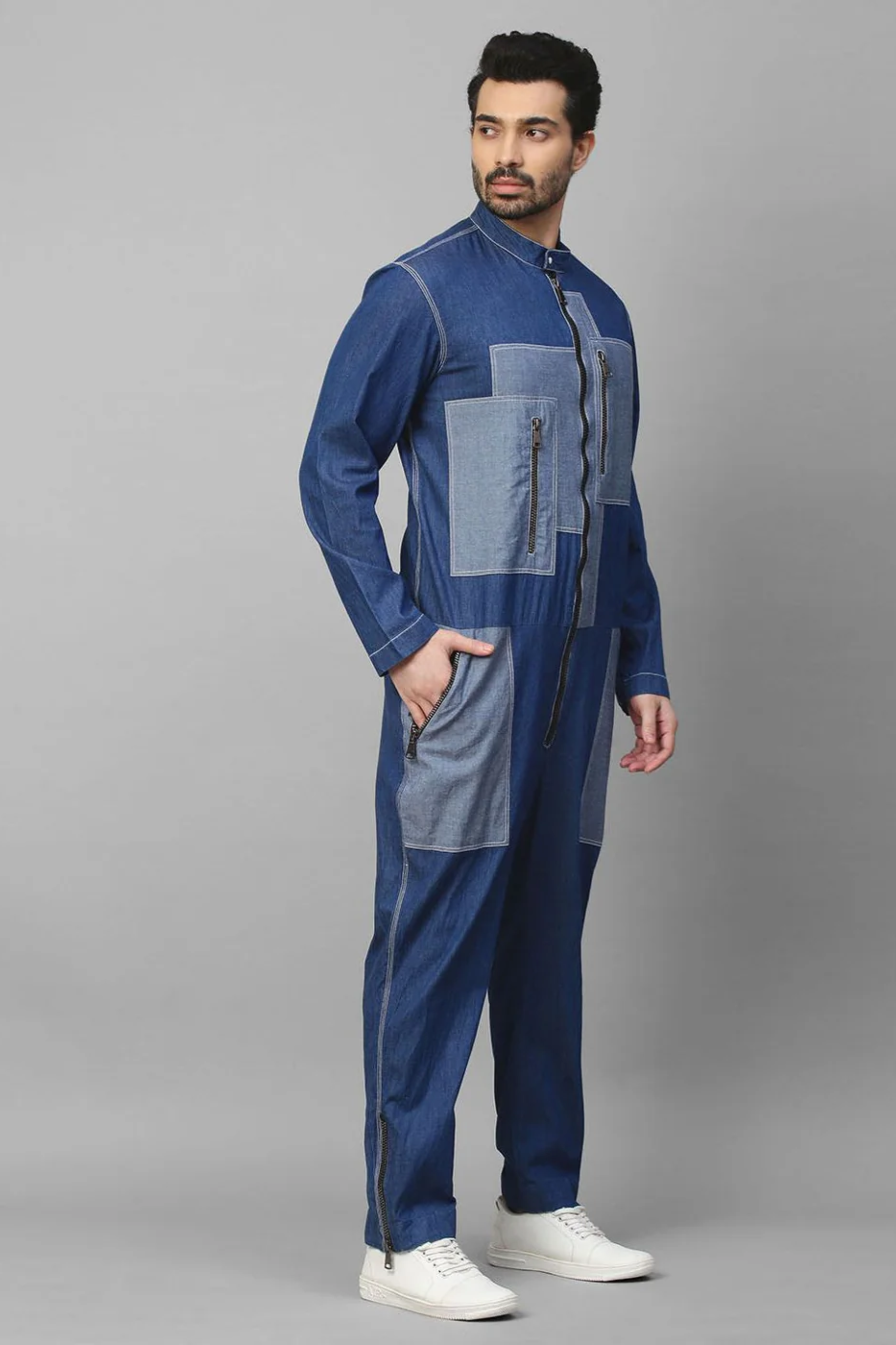 Two tone denim zippered jumpsuit / overall.