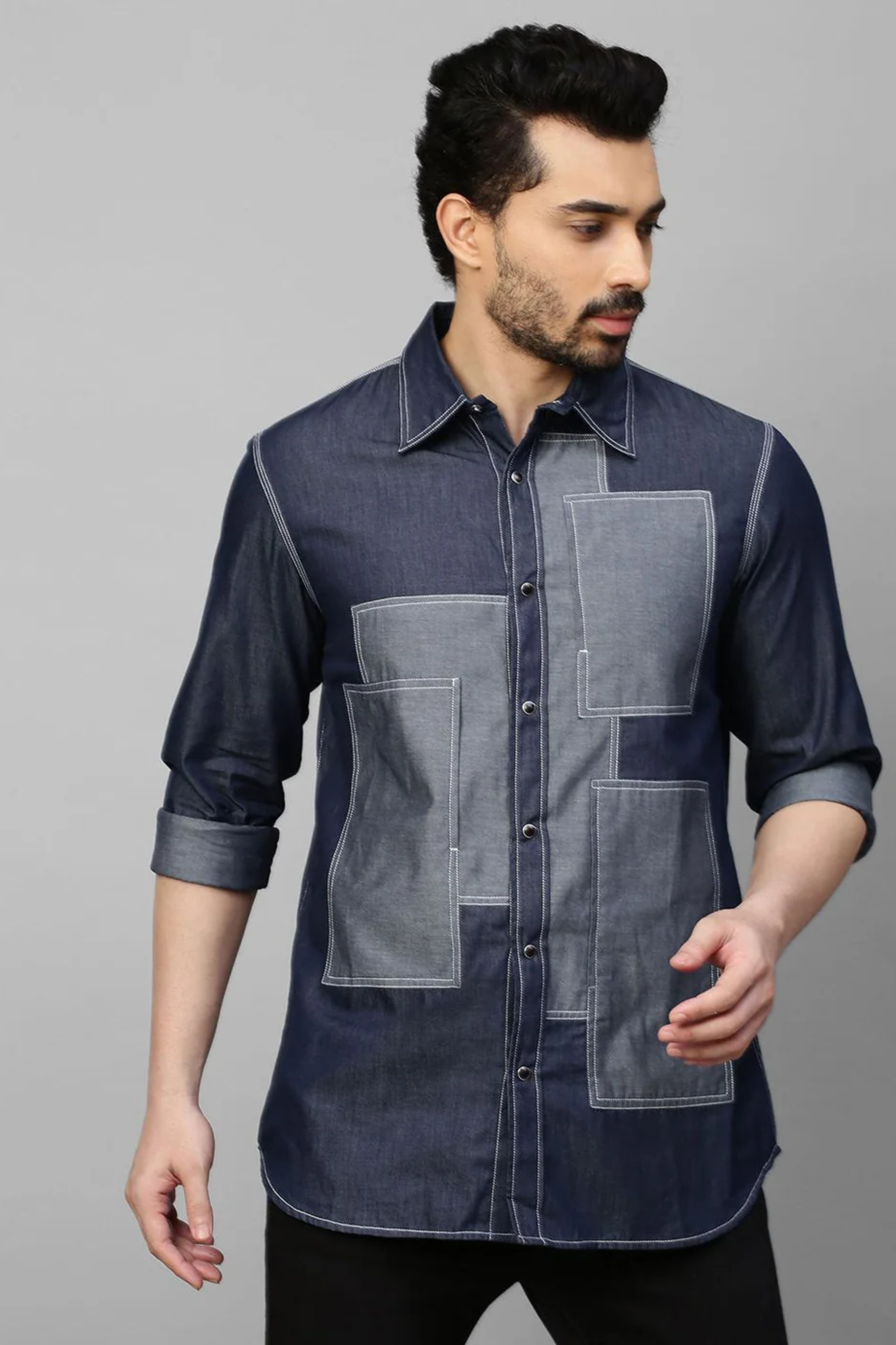 Blue Denim shirt with light denim patch work detailing.