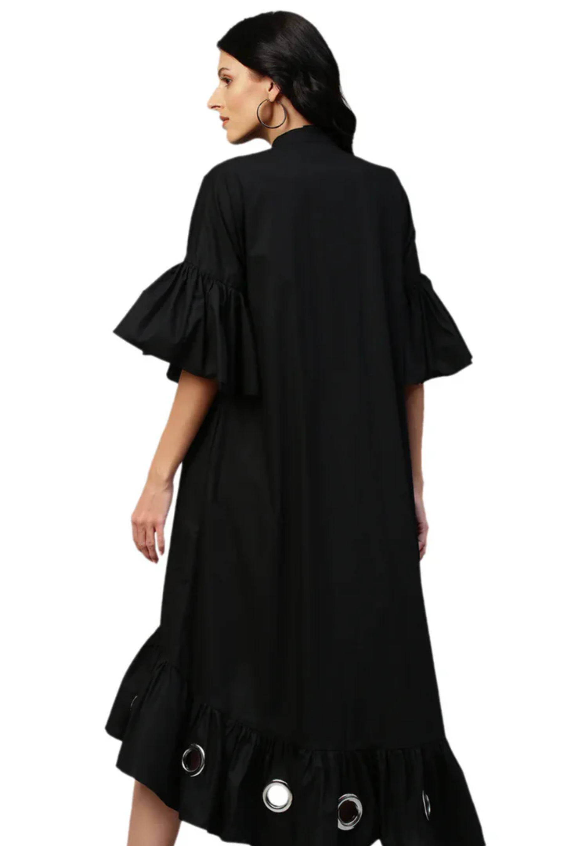 Black flare dress features bell sleeves, long & short hem and eyelet.