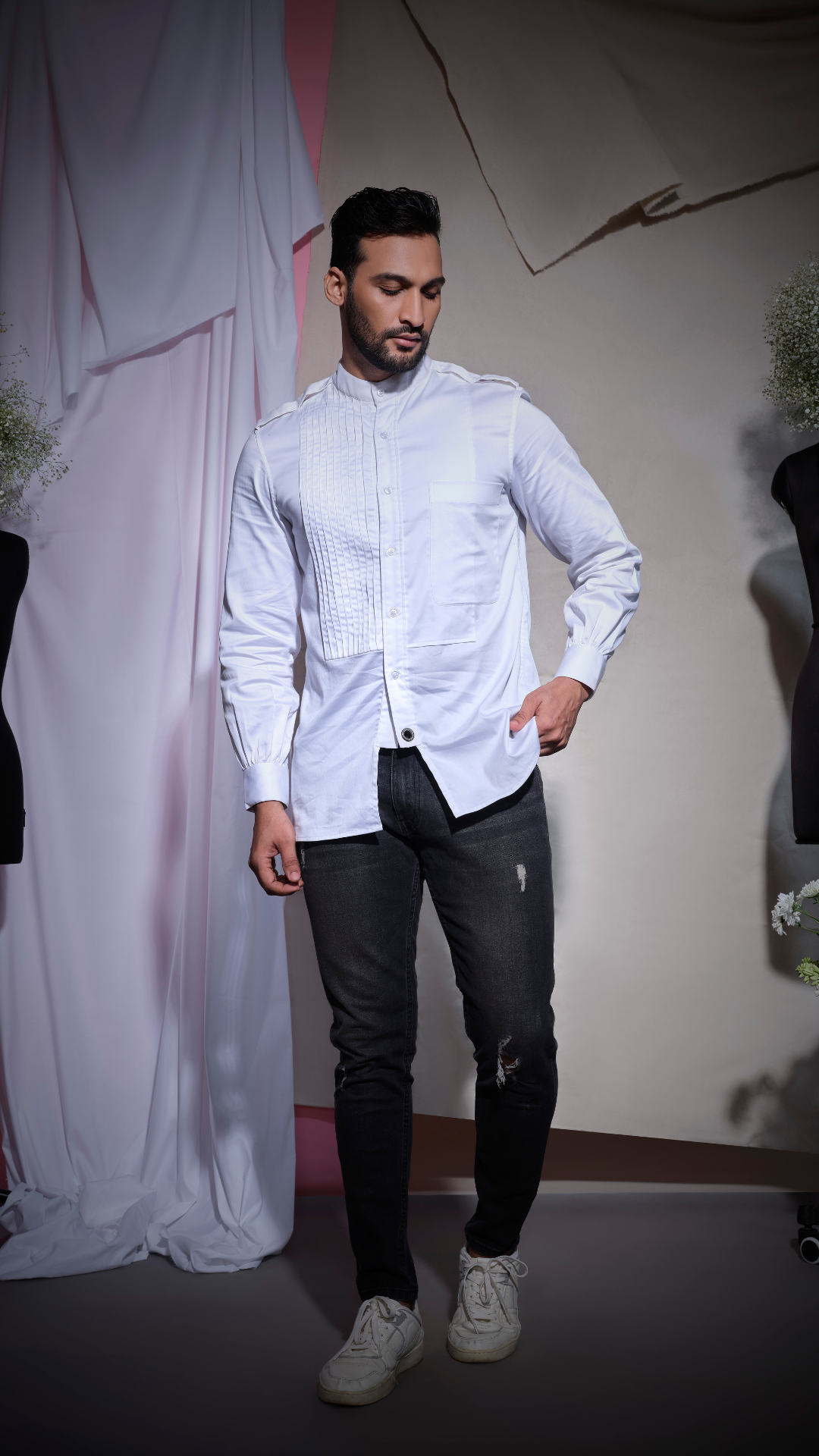 Front pleated patch and pocket white shirt