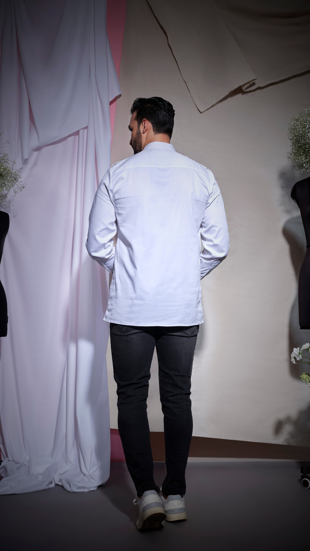 Front pleated patch and pocket white shirt