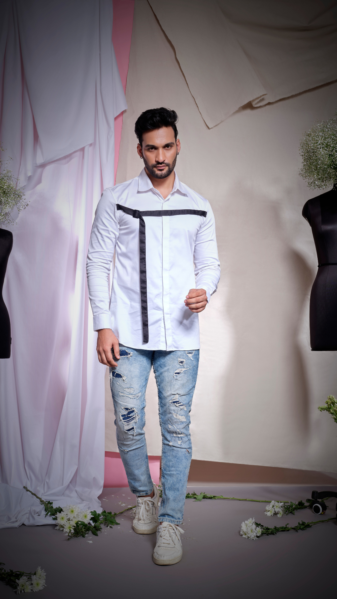 White PL shirt with black chest patti and buckle