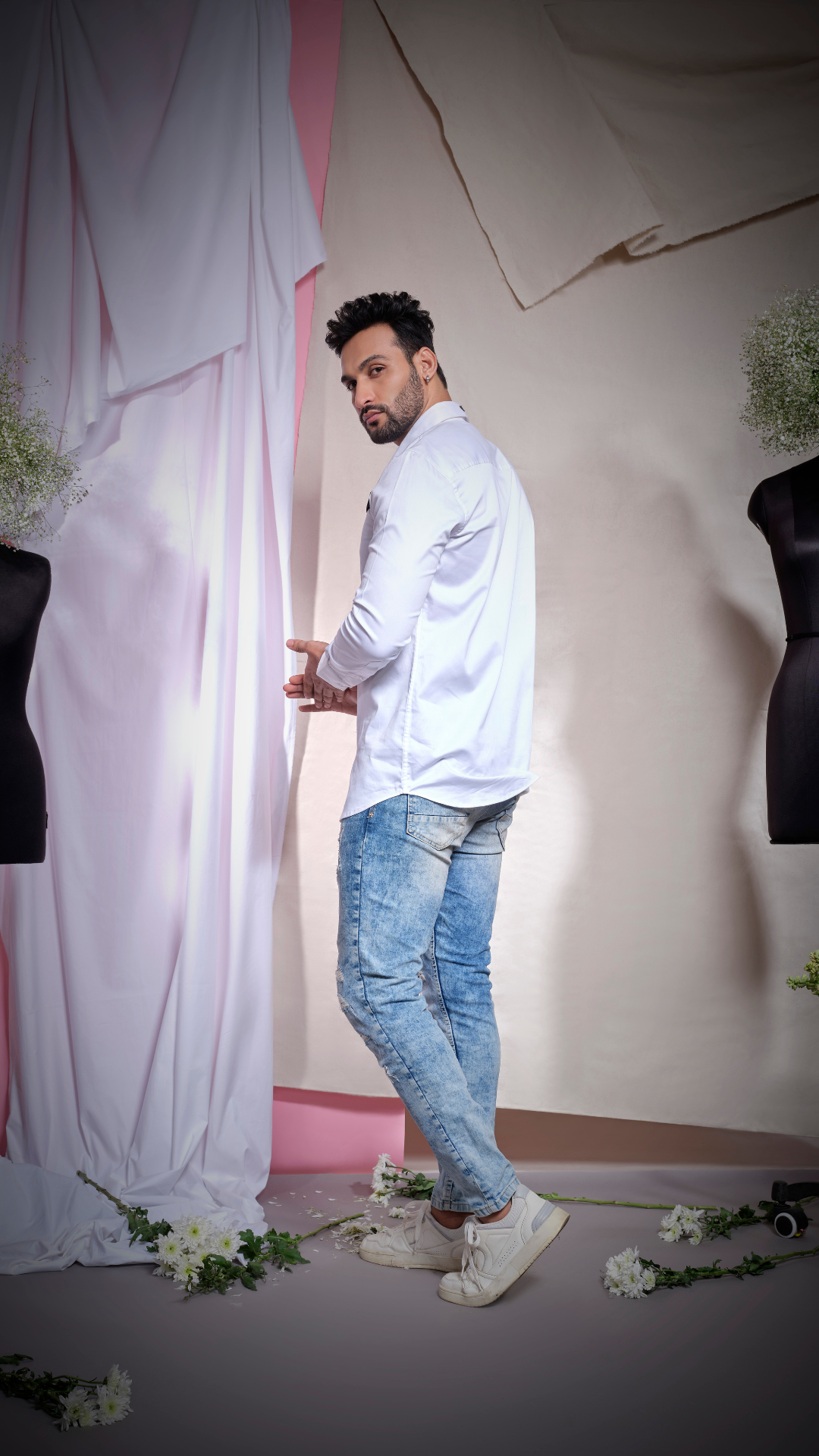 White PL shirt with black chest patti and buckle