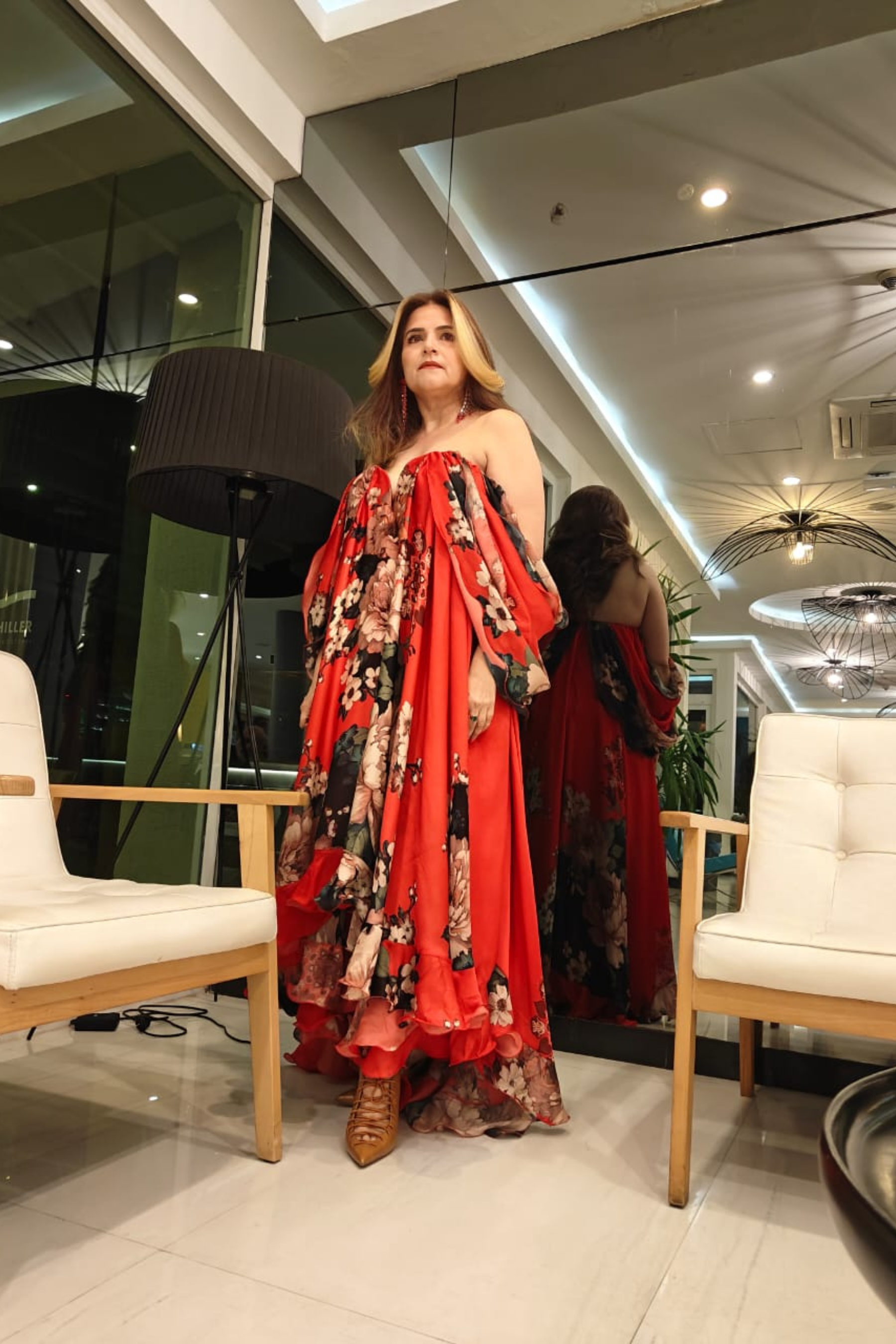 Red Floral Tube Ruffle Dress