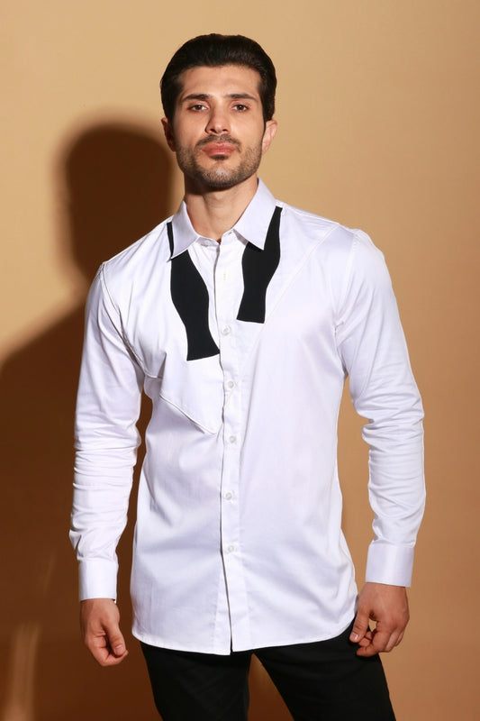 Classic white shirt with open bow design patch detailing.