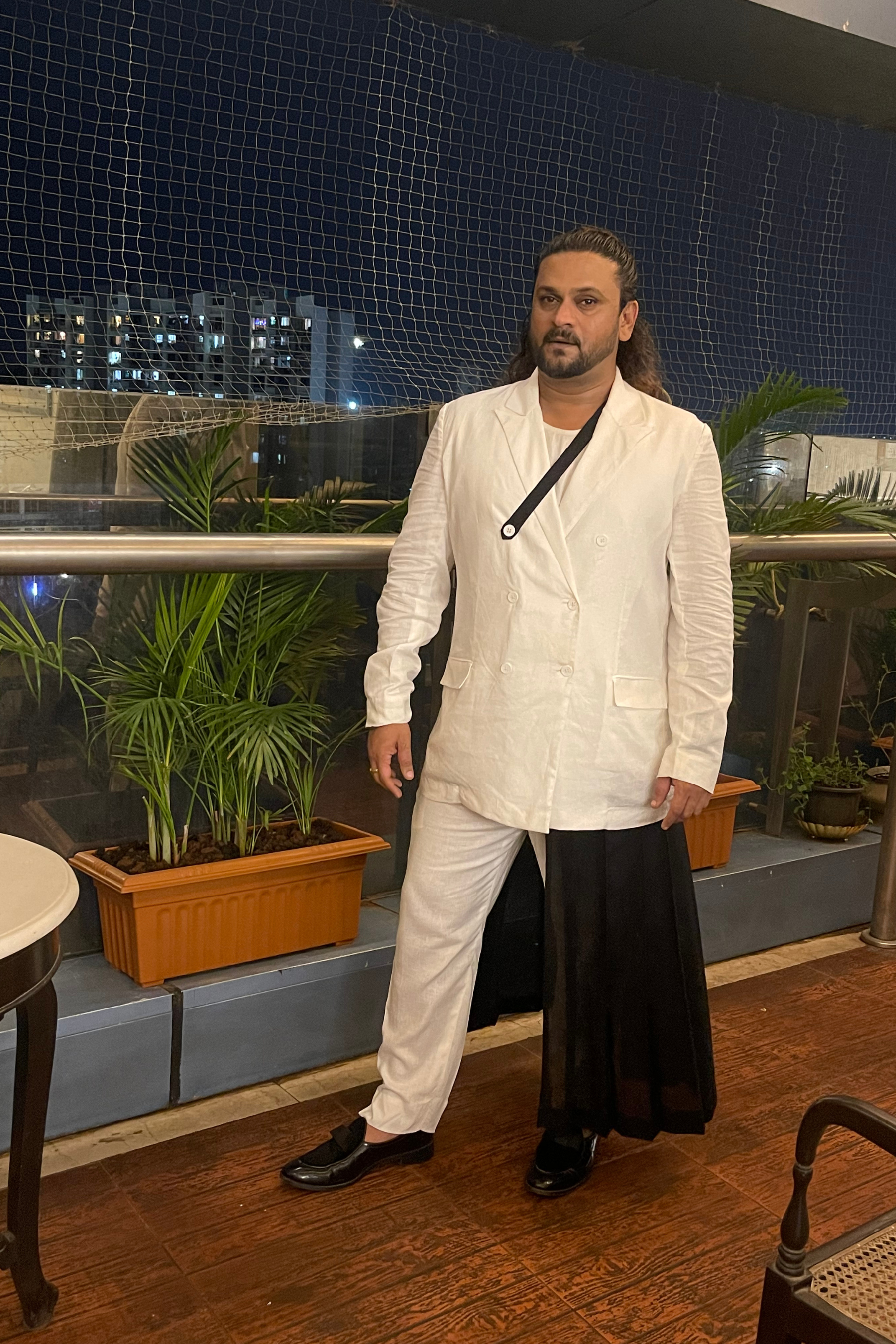 White Linen Suit with Black Button Strap Detailing