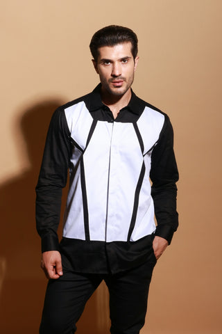 White shirt with black sleeves and web feature.