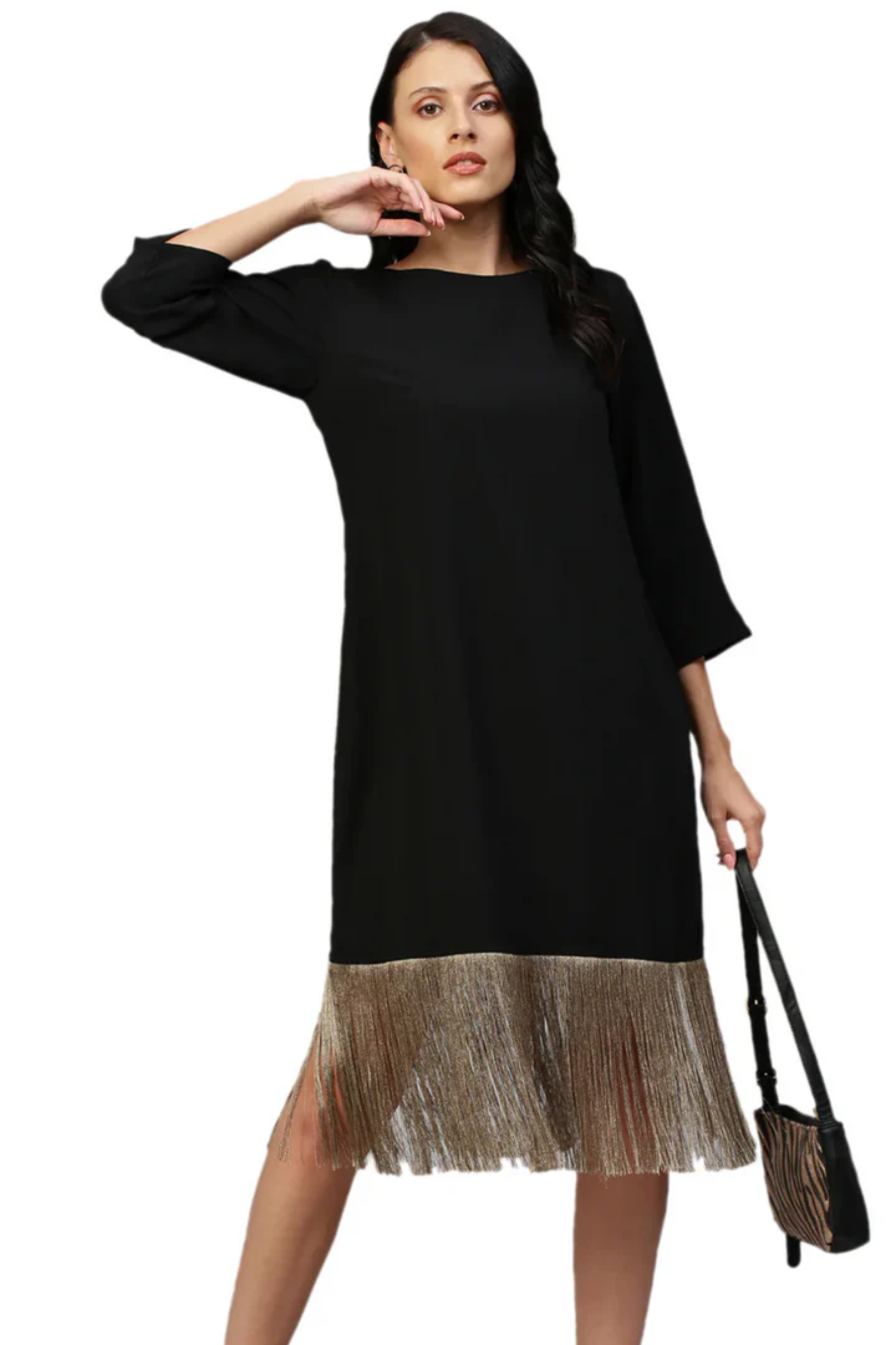 Black midi dress with tassel feature.