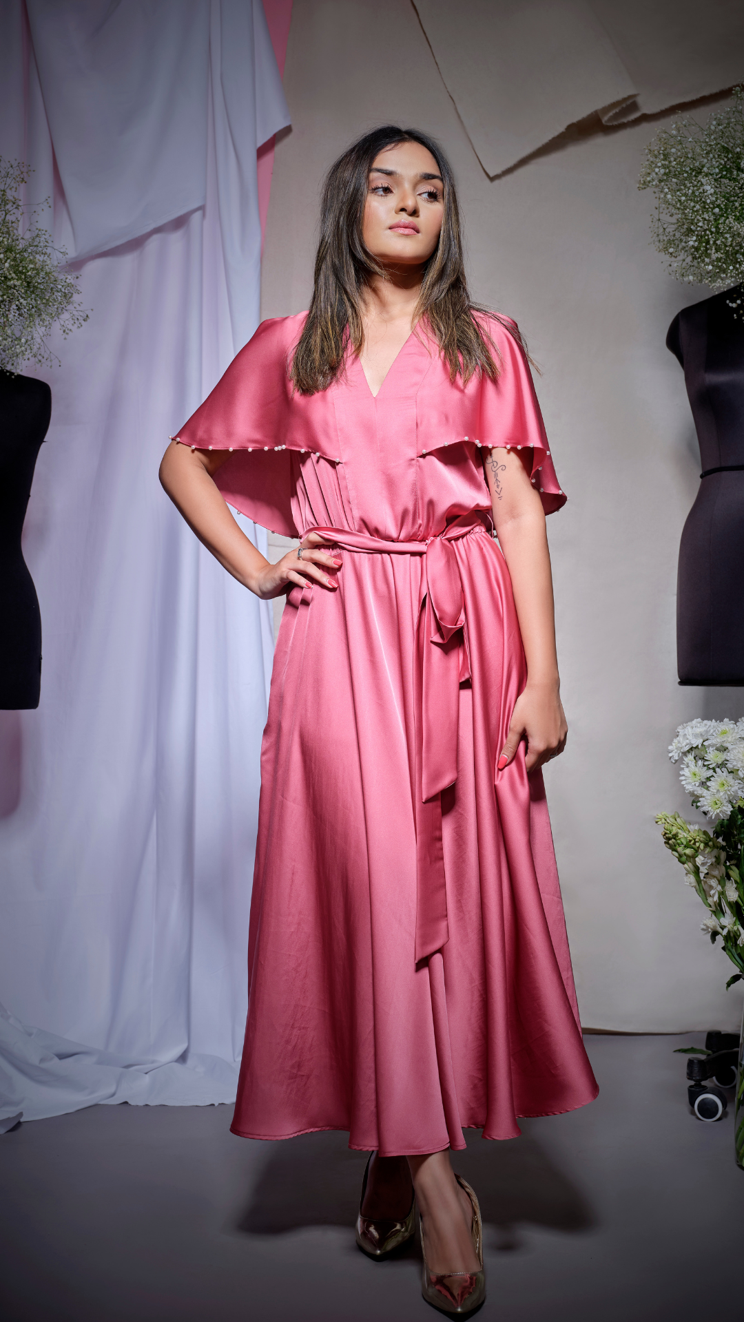 Pink zara satin flaired dress