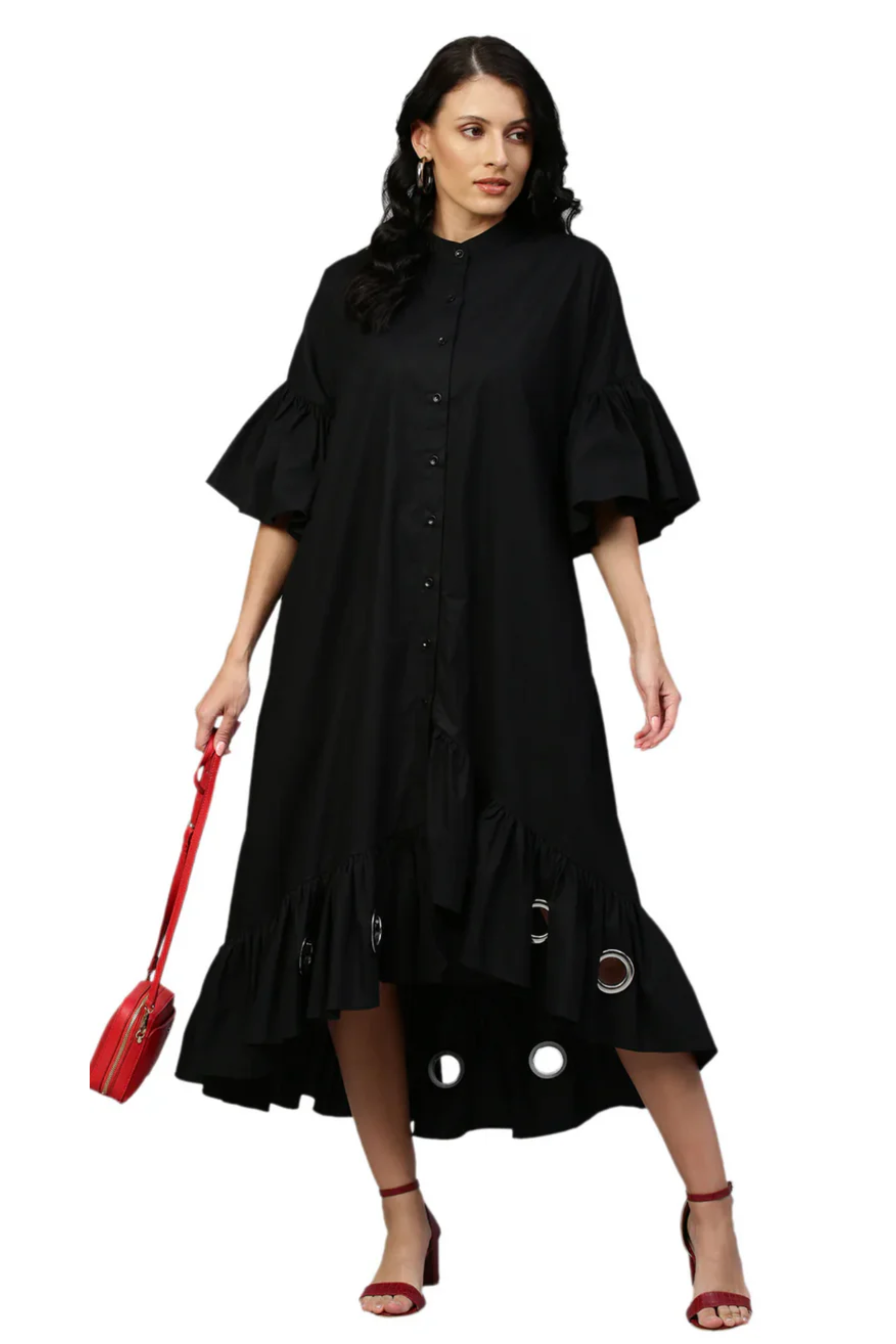 Black flare dress features bell sleeves, long & short hem and eyelet.