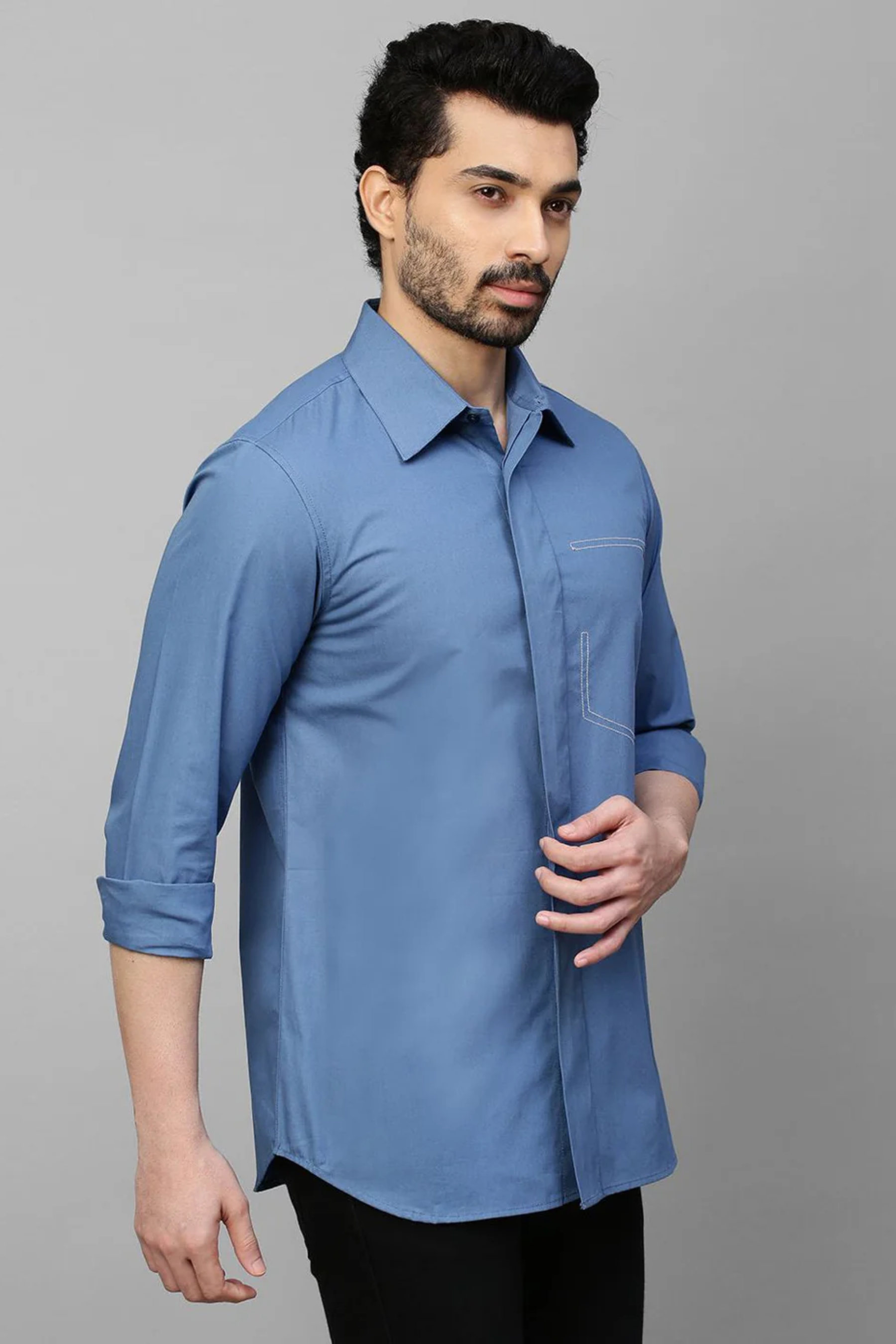 Slate blue classic shirt with white stitching pocket feature.