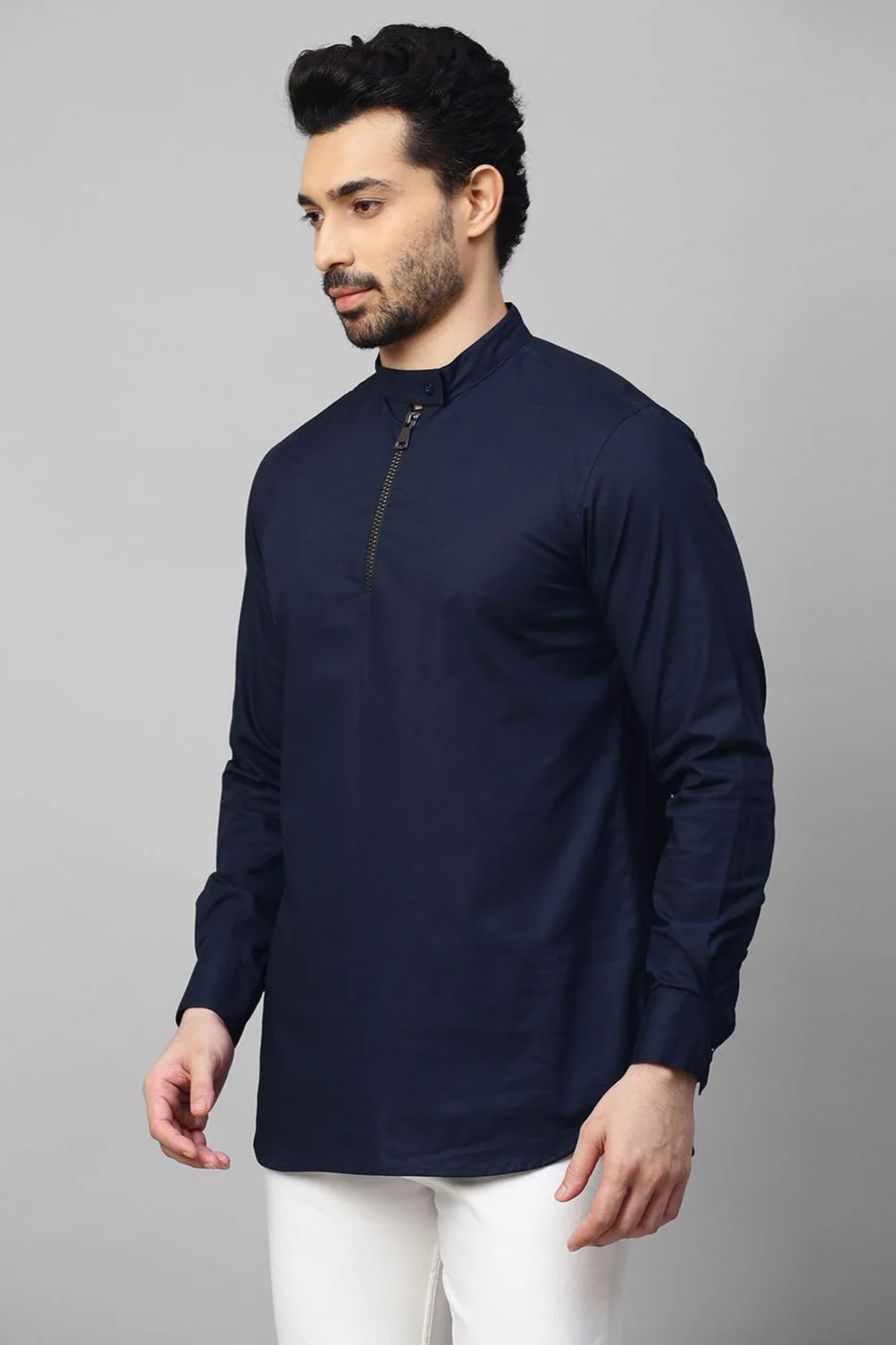 Blue mandarin collar shirt with half zipper detailing.