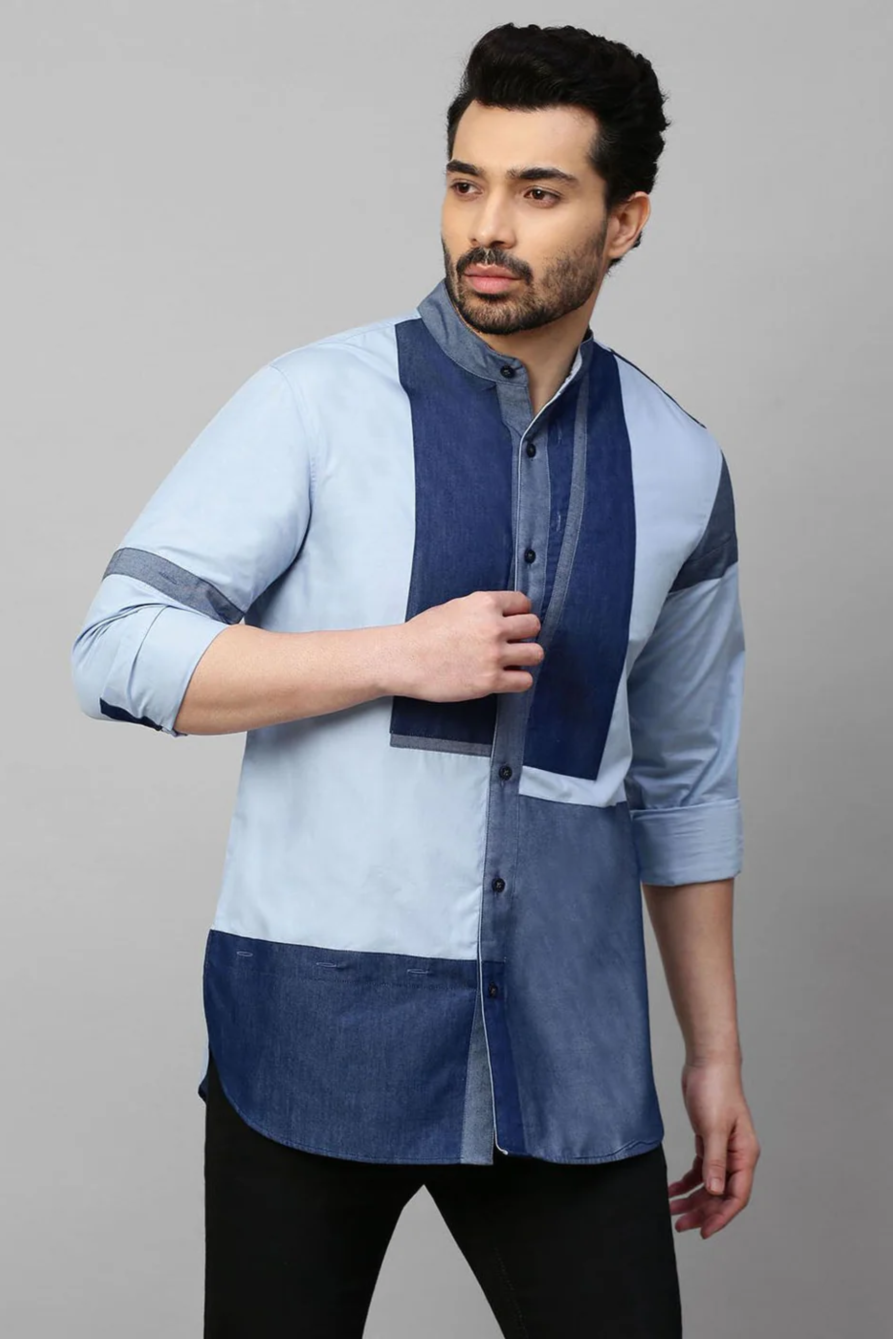 Sky Blue Shirt with denim patch work detailing .