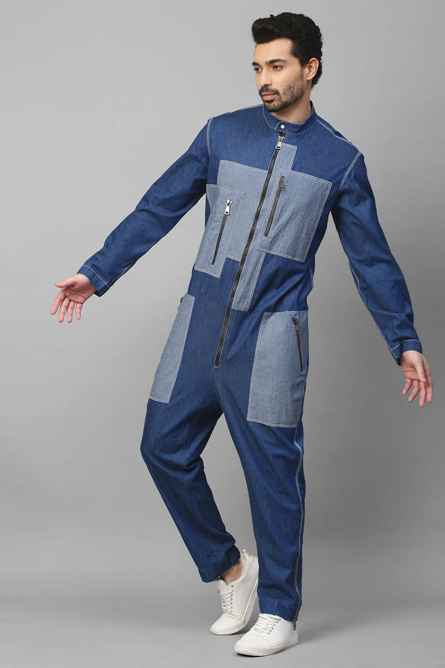 Two tone denim zippered jumpsuit / overall.