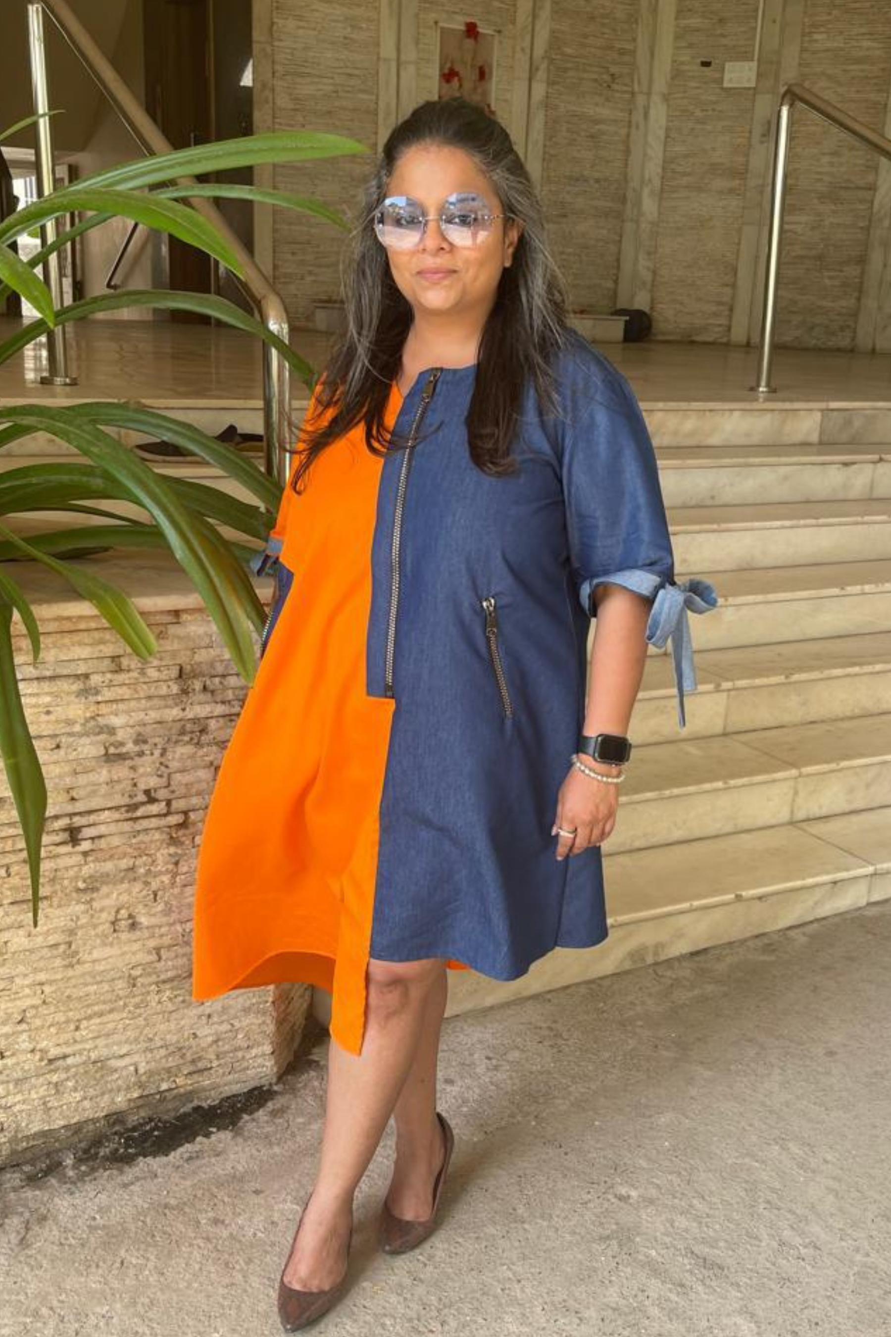 Half Denim, Half Orange Cotton Dress