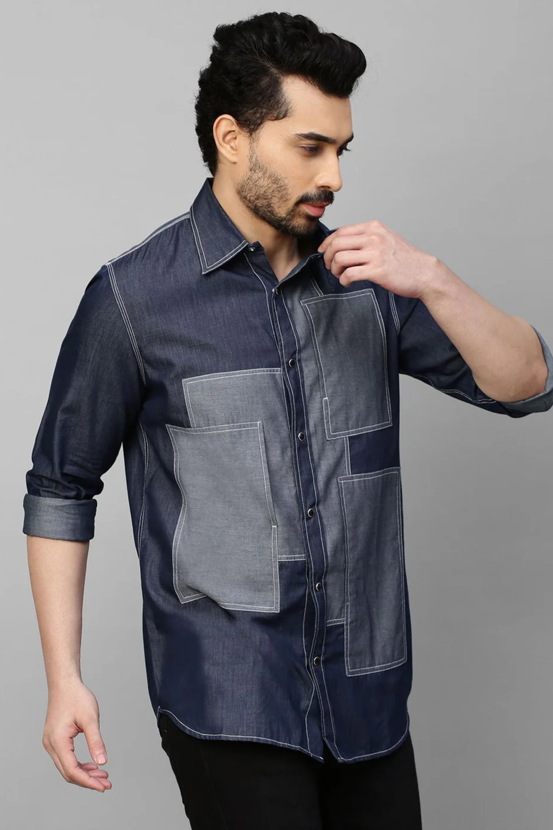 Blue Denim shirt with light denim patch work detailing.