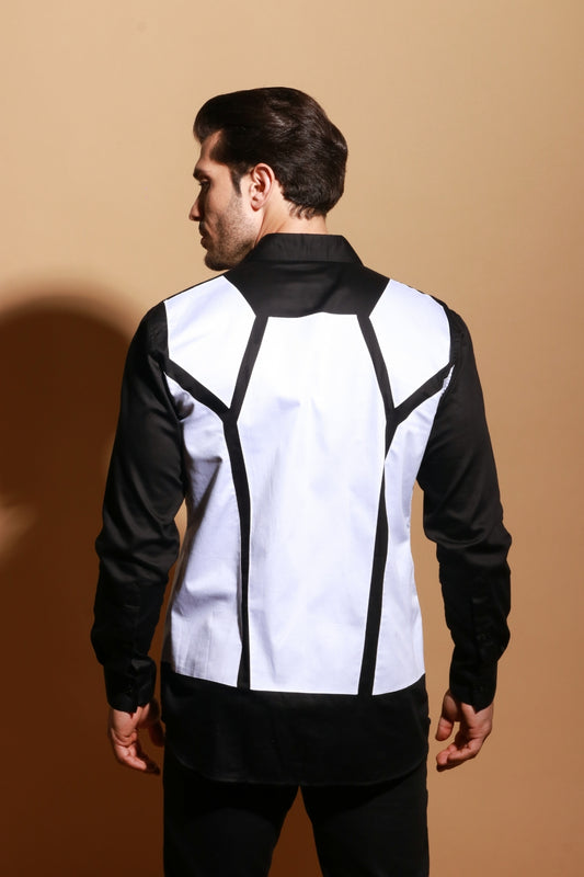 White shirt with black sleeves and web feature.