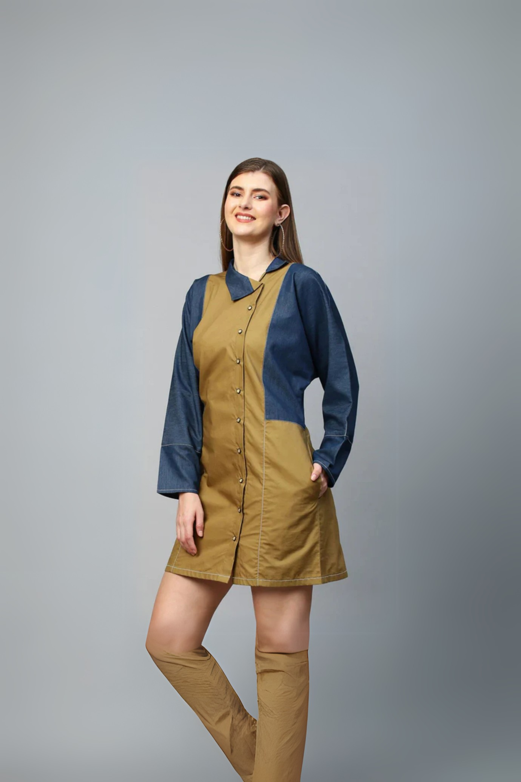 Blue and khaki short shirt dress features raglan sleeves and a chinese collar.
