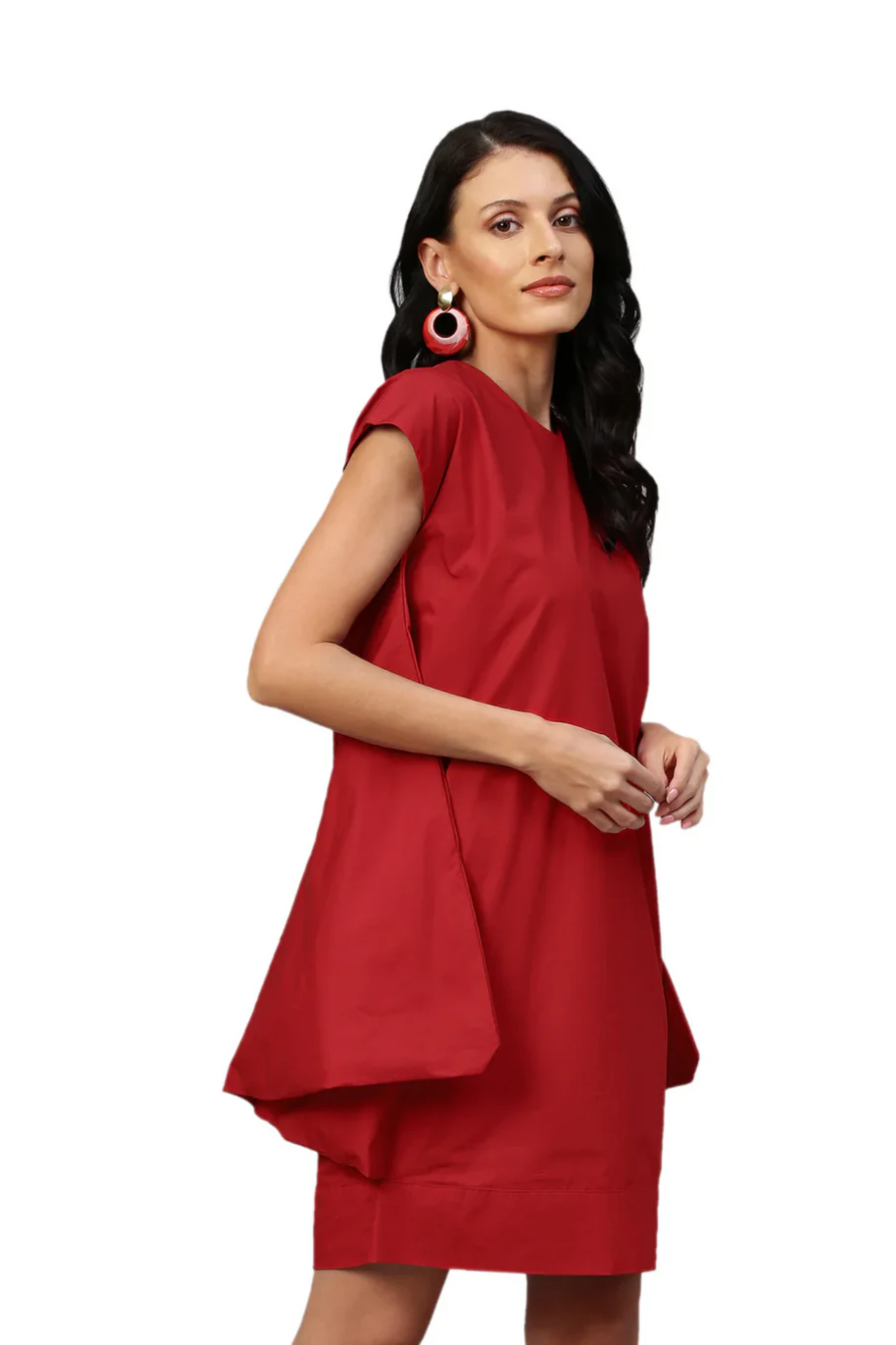 Red cap sleeves dress with assymetric flared feature.