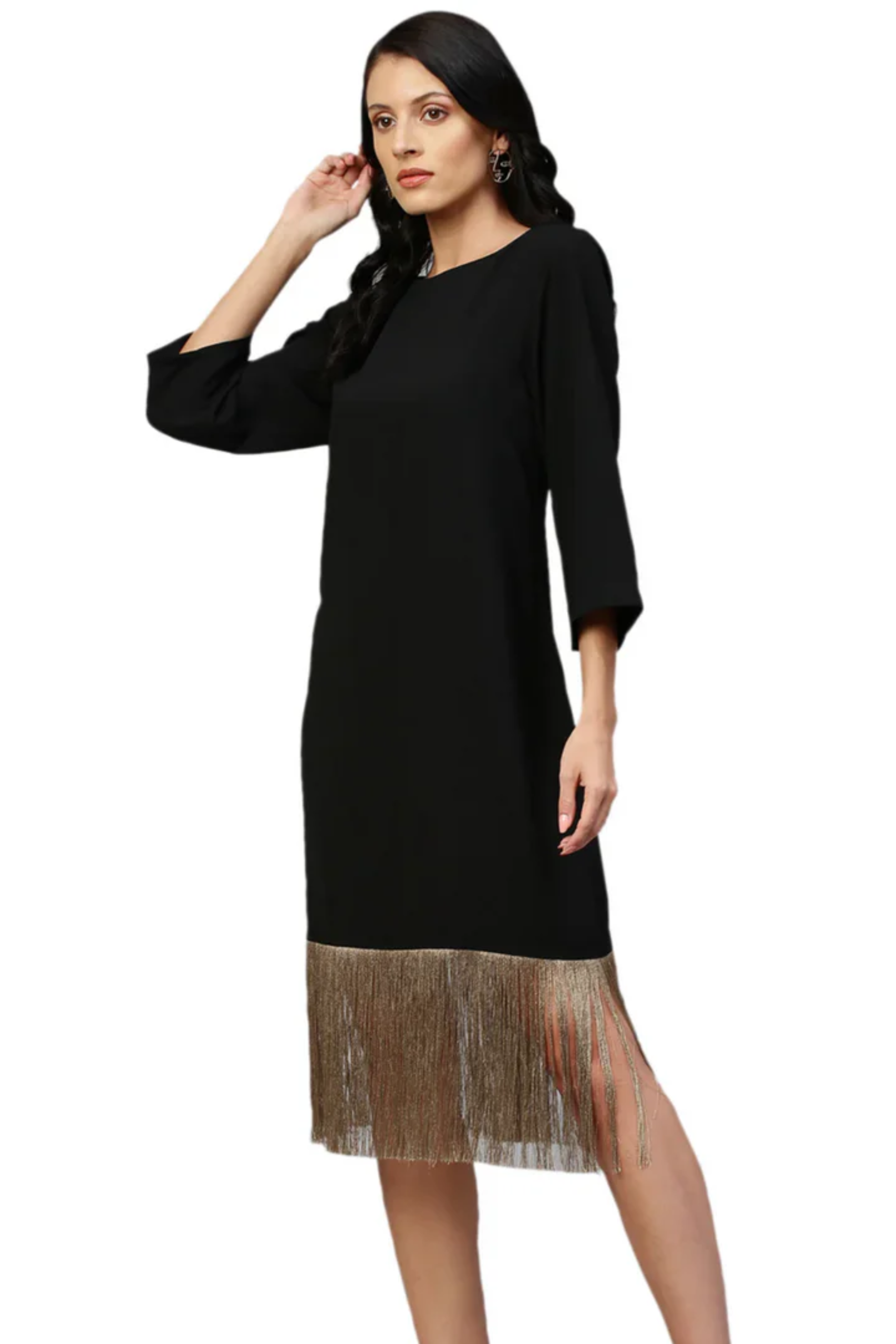 Black midi dress with tassel feature.