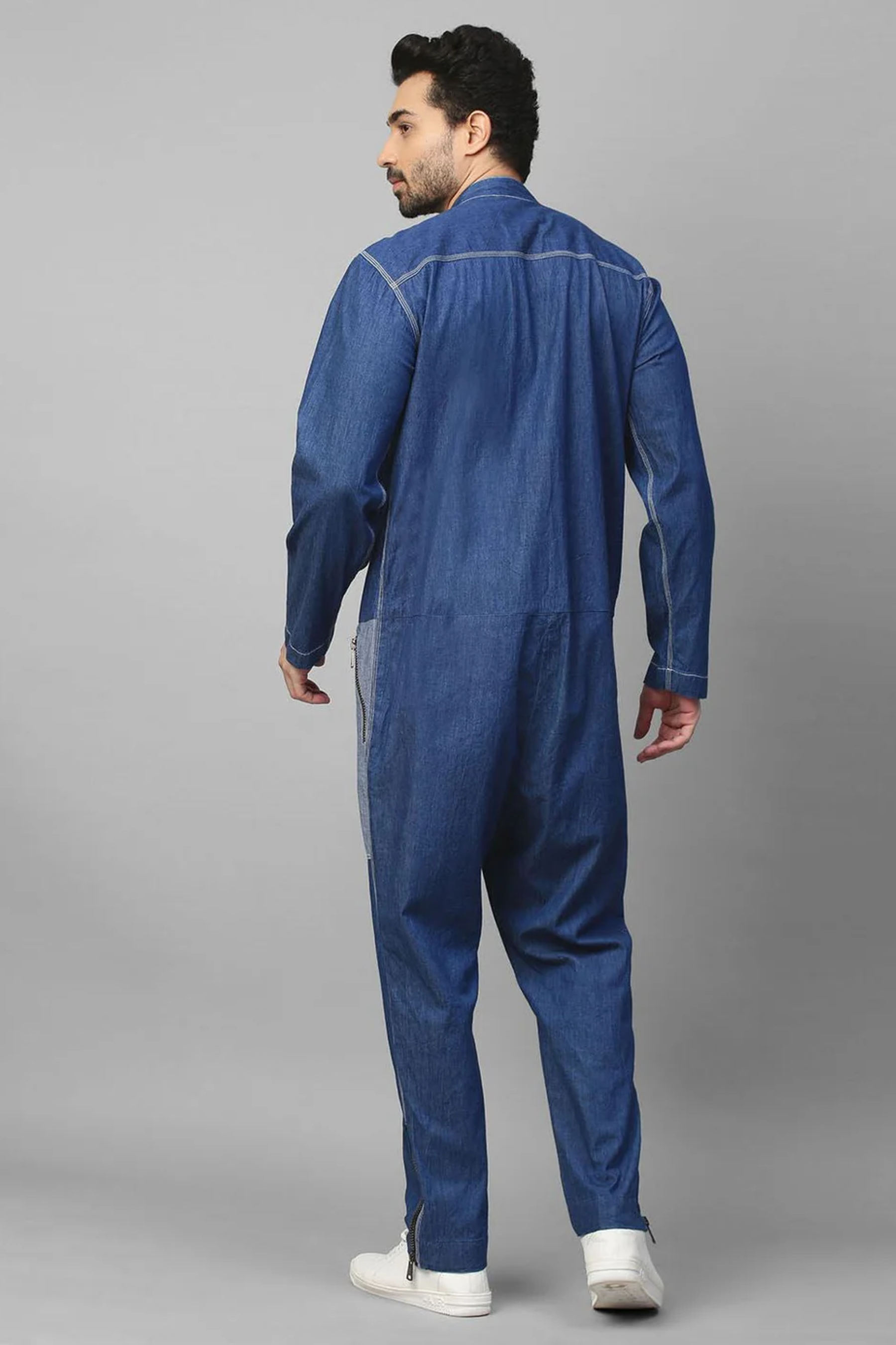 Two tone denim zippered jumpsuit / overall.