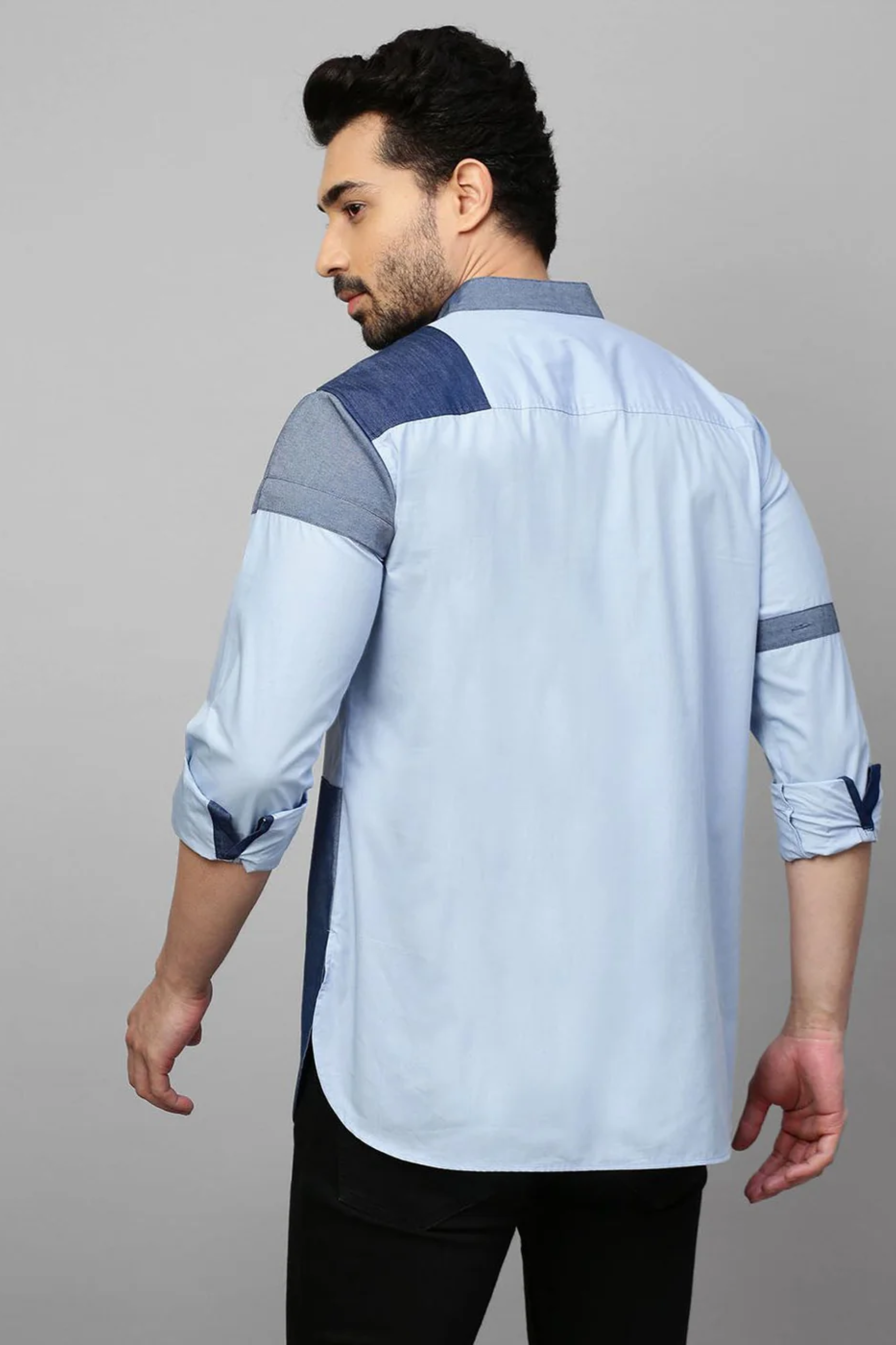 Sky Blue Shirt with denim patch work detailing .