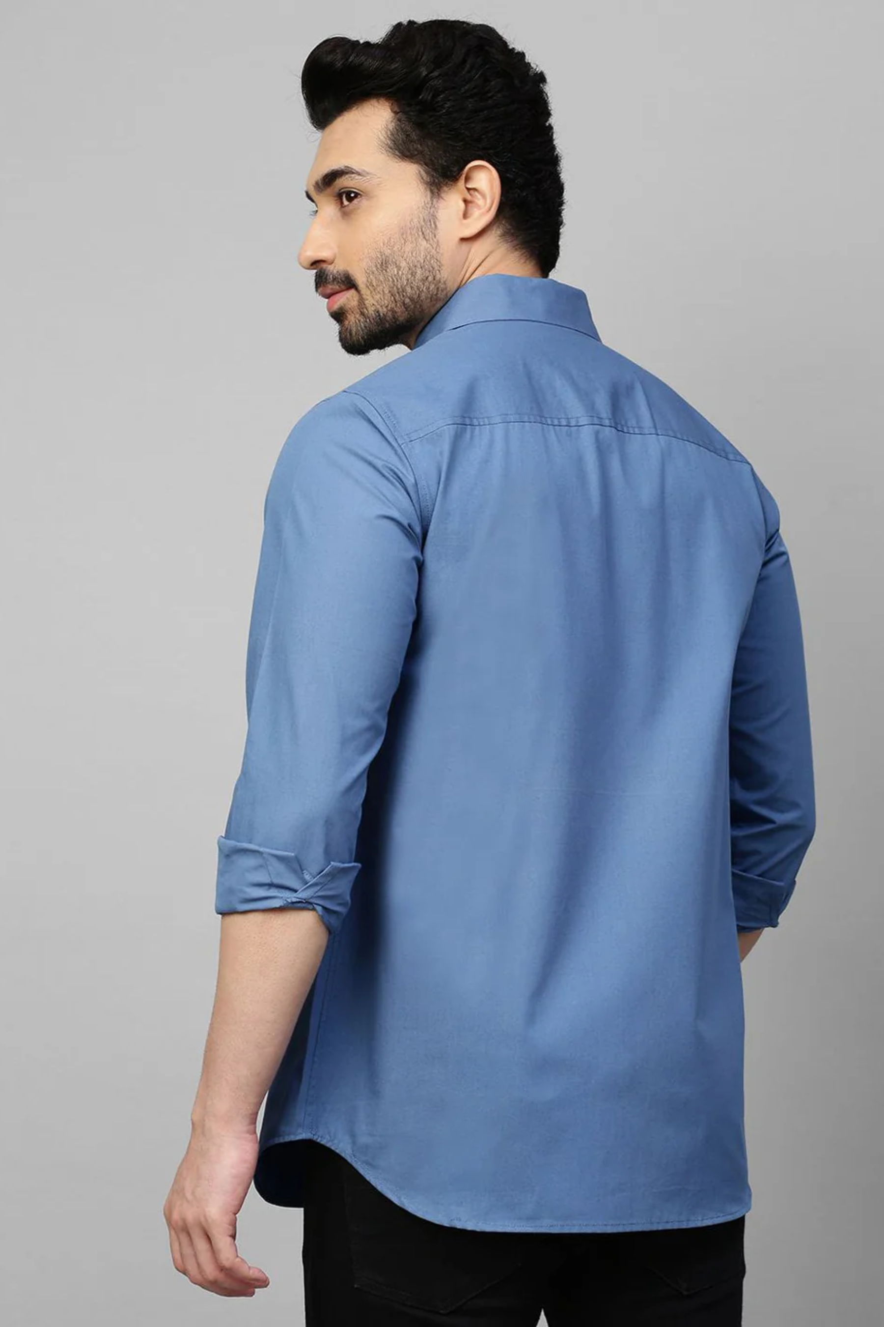 Slate blue classic shirt with white stitching pocket feature.