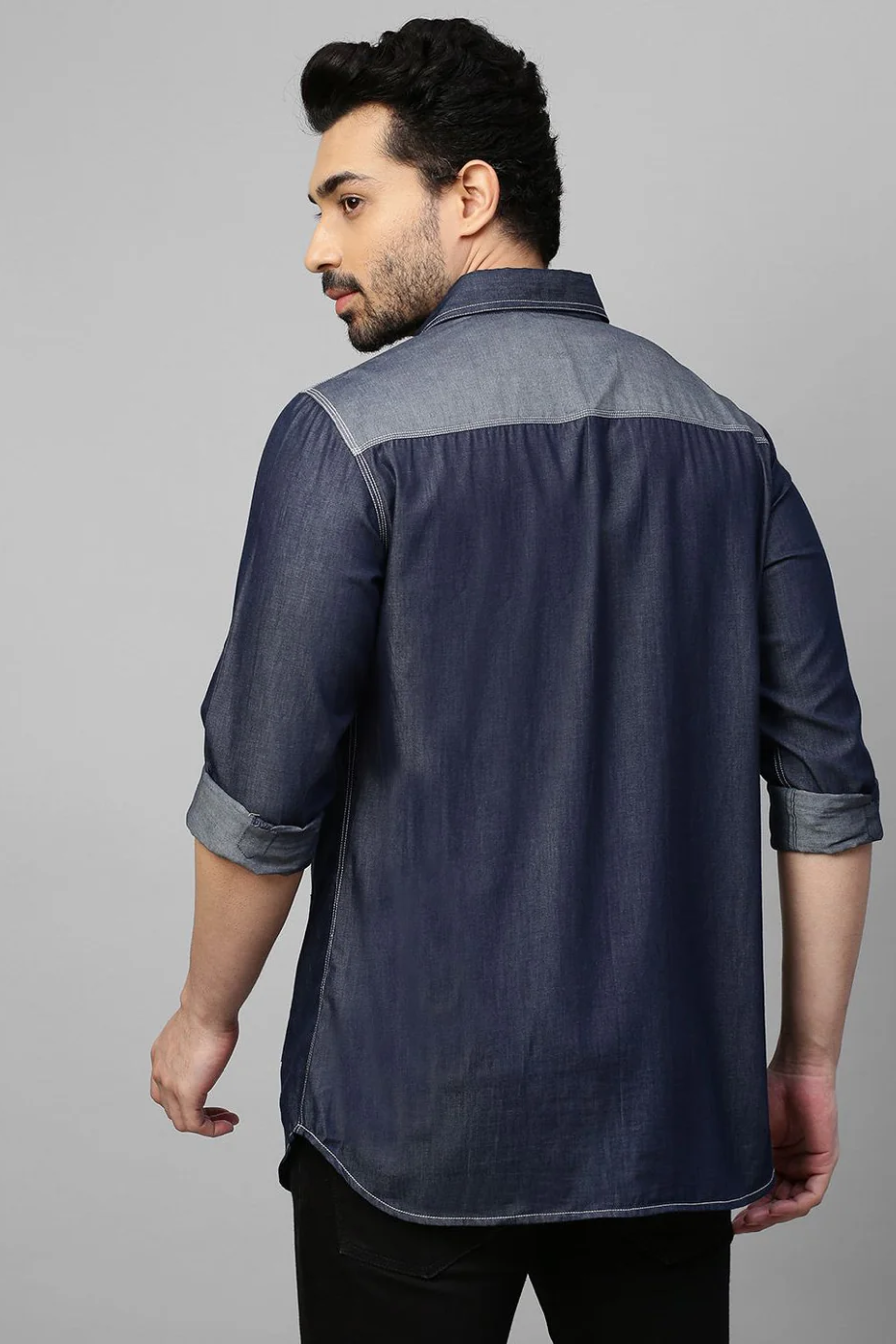 Blue Denim shirt with light denim patch work detailing.