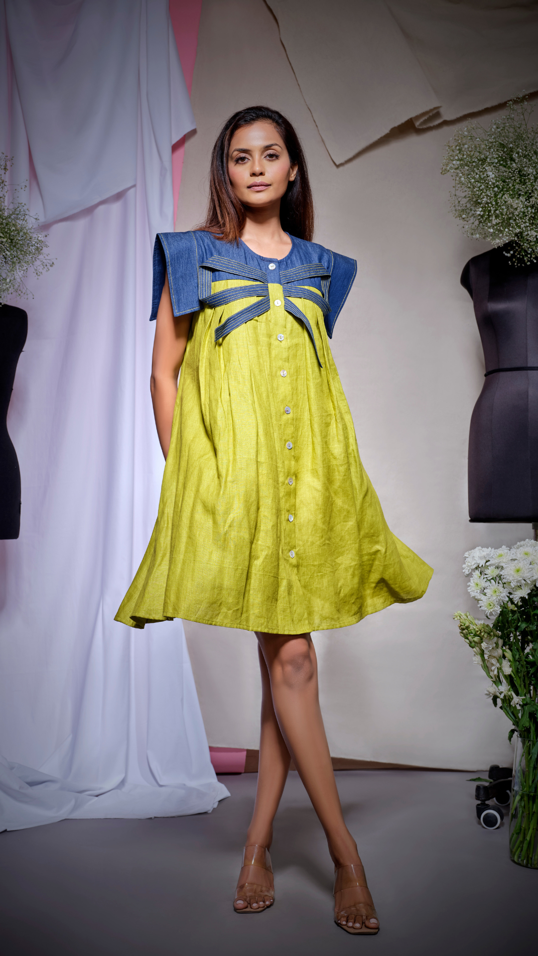 Light green linen shirt dress