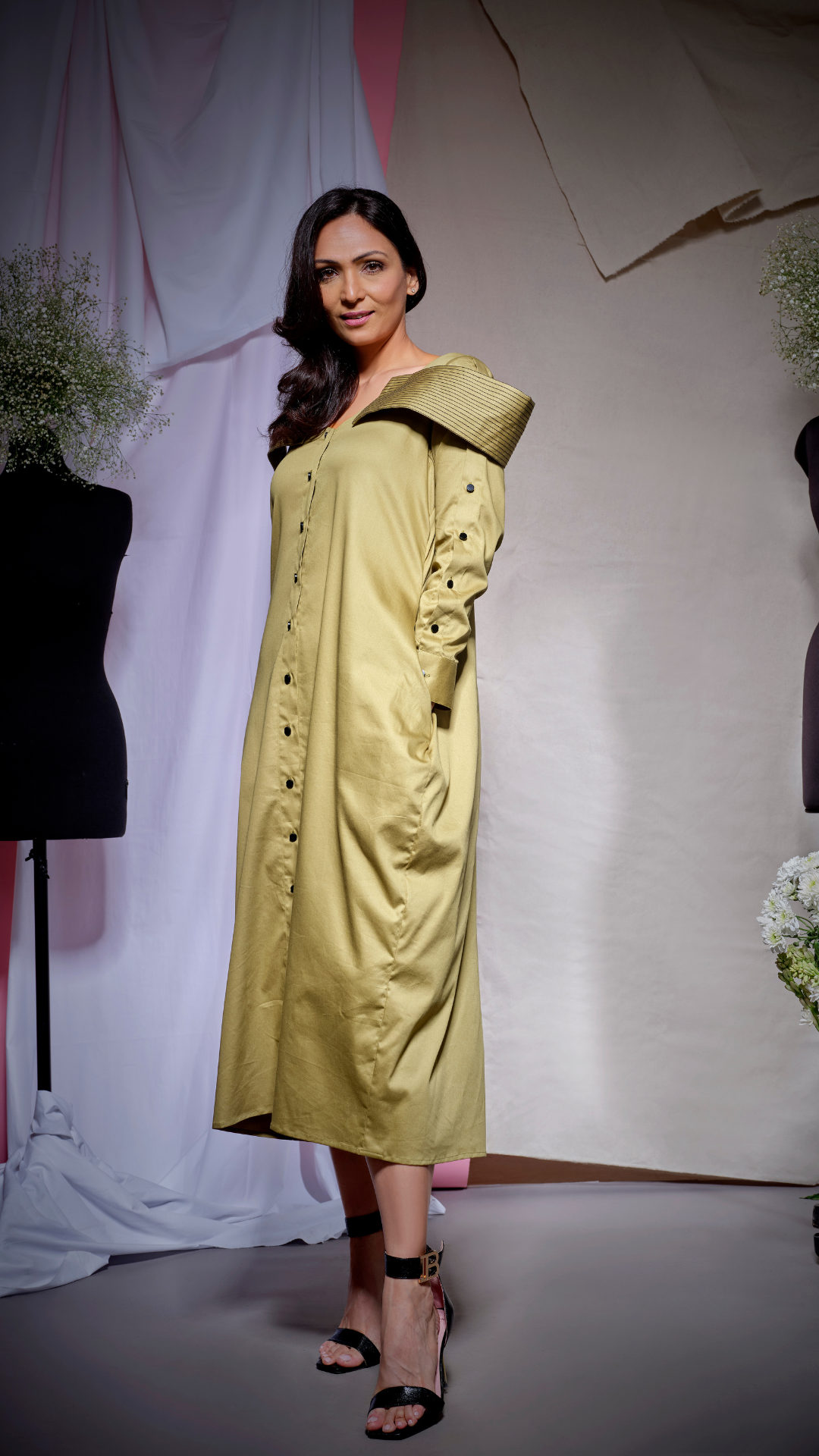 Moss green long shirt dress