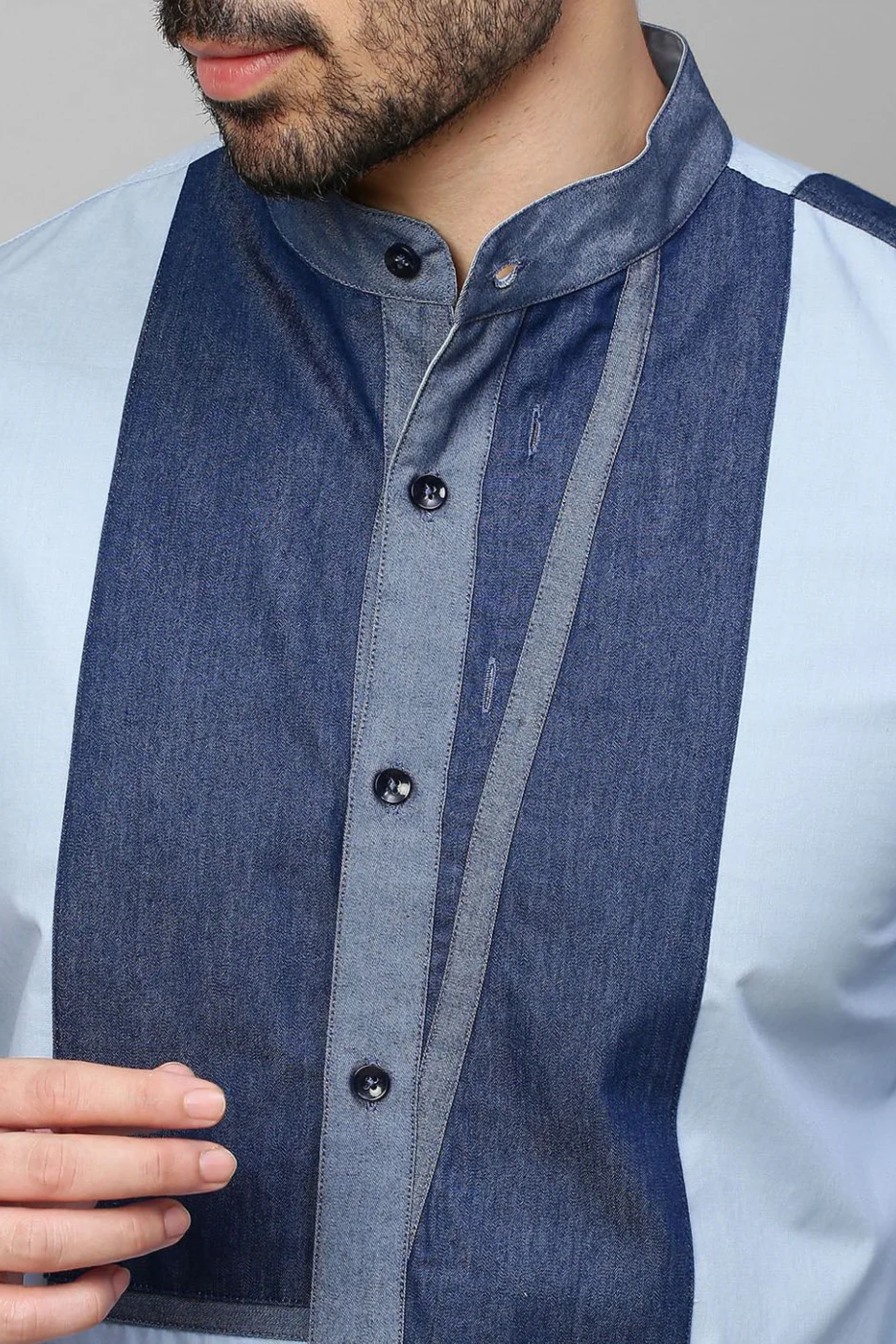 Sky Blue Shirt with denim patch work detailing .
