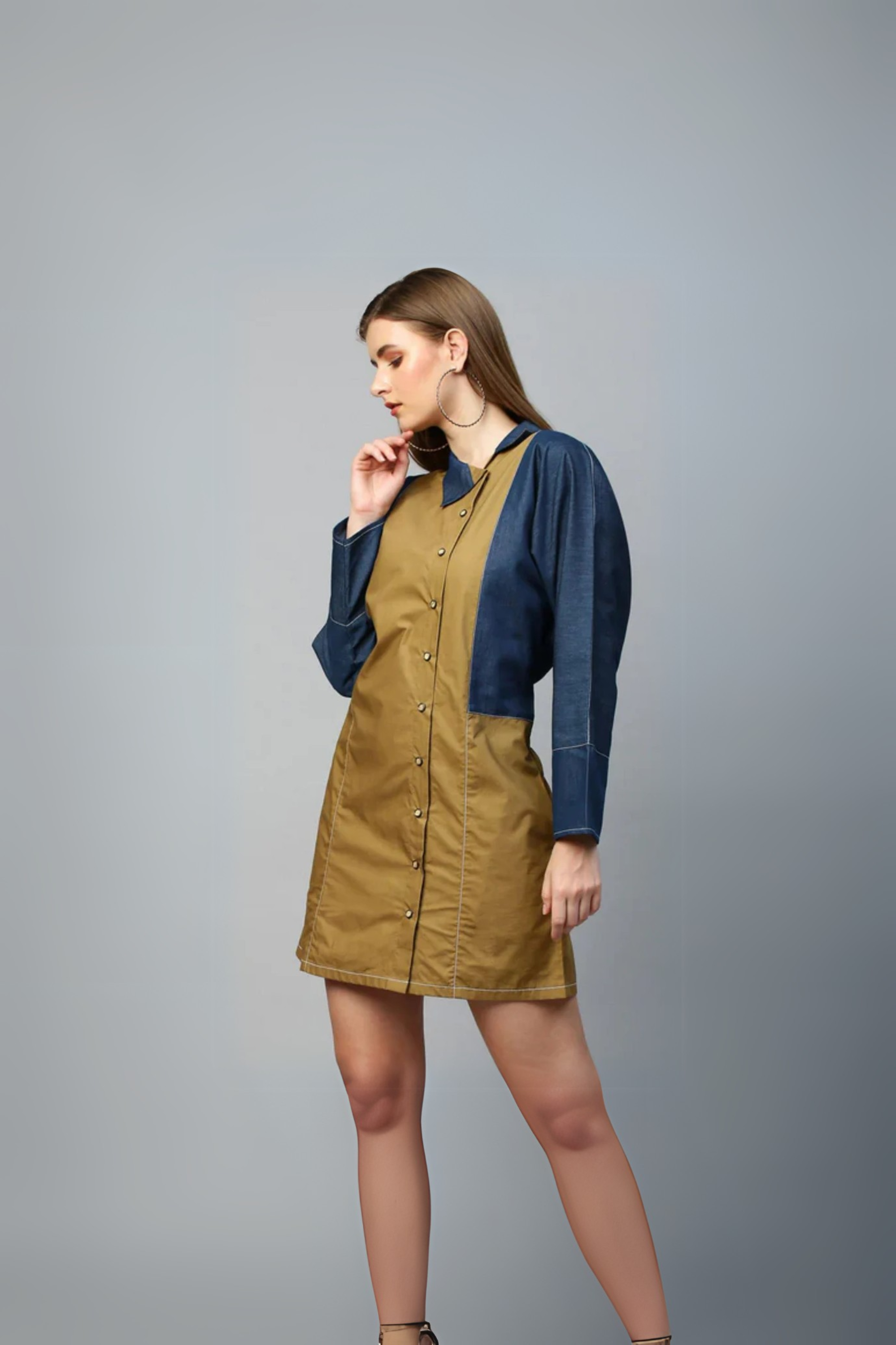 Blue and khaki short shirt dress features raglan sleeves and a chinese collar.
