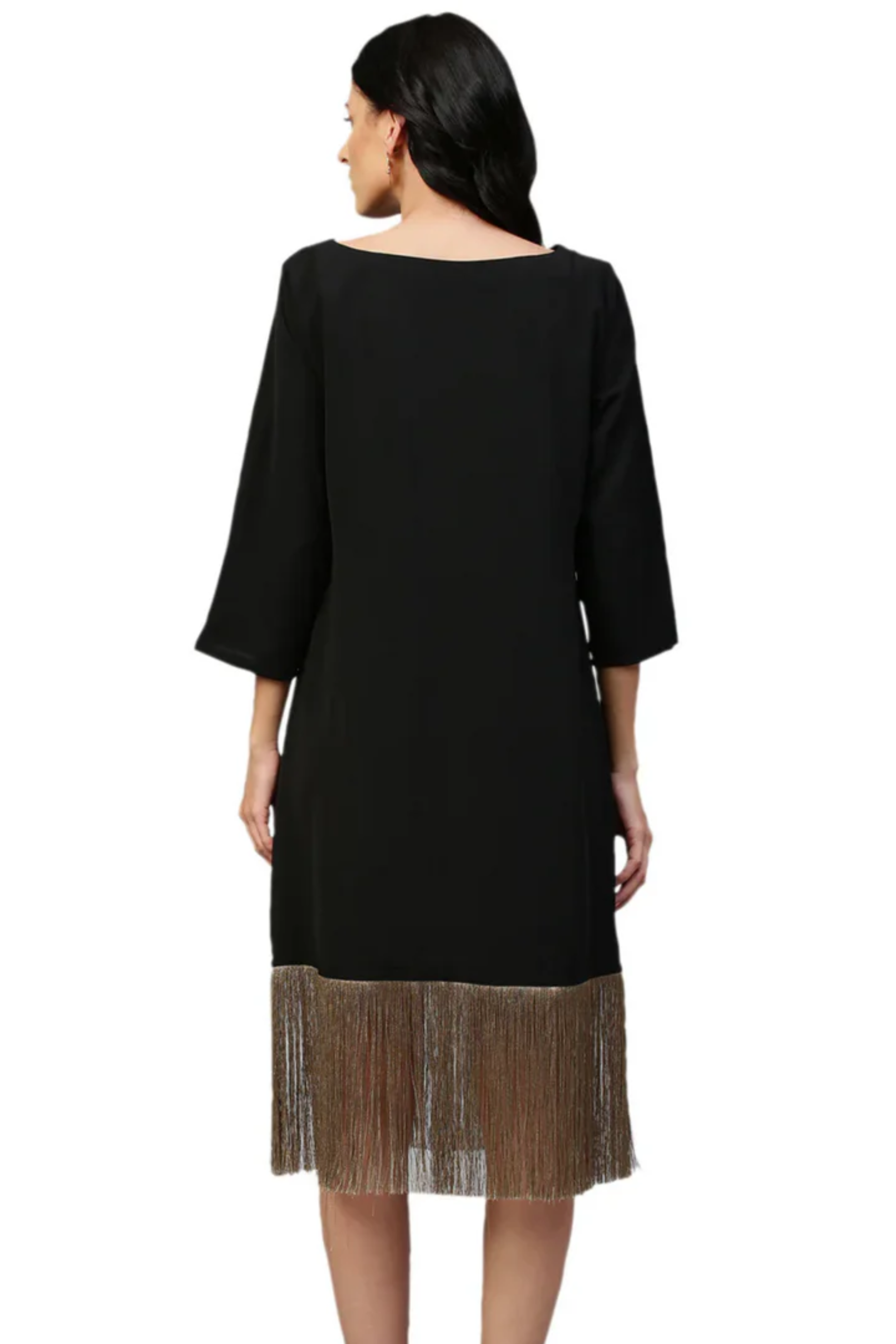 Black midi dress with tassel feature.