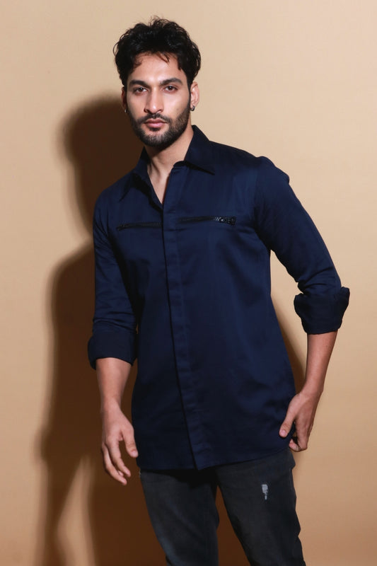 Blue classic shirt with front zipper accent.