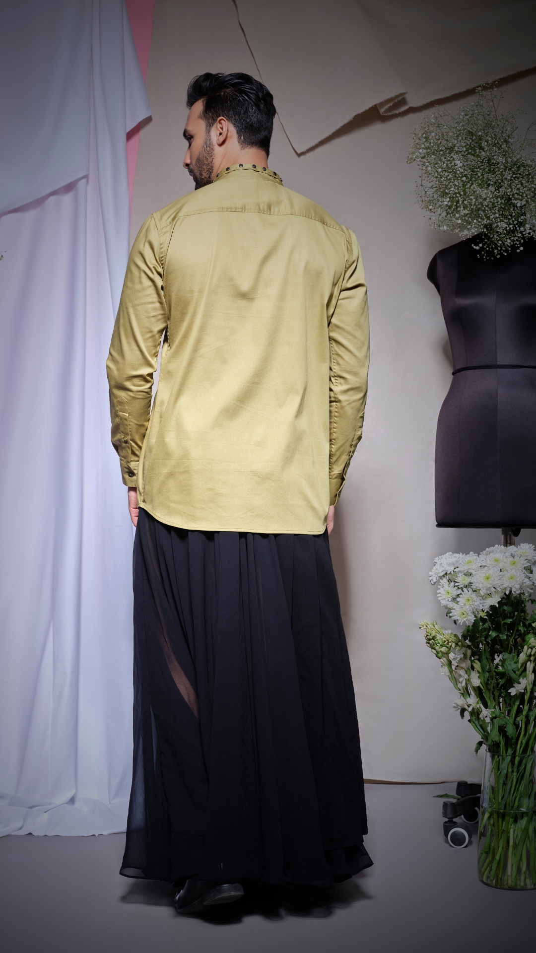 Moss Green Pearl Lycra shirt with V cut collar with gunmetal studs