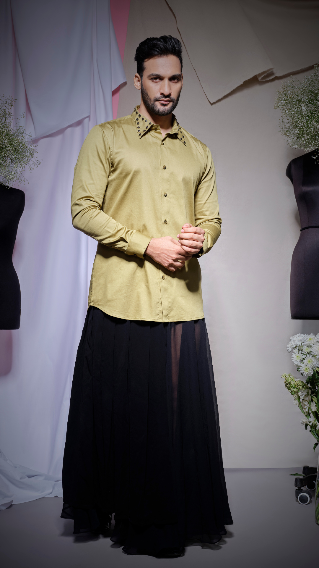 Moss Green Pearl Lycra shirt with V cut collar with gunmetal studs