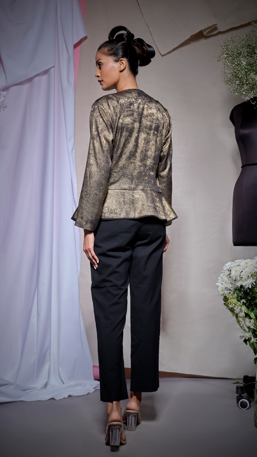 Gold black peplum top