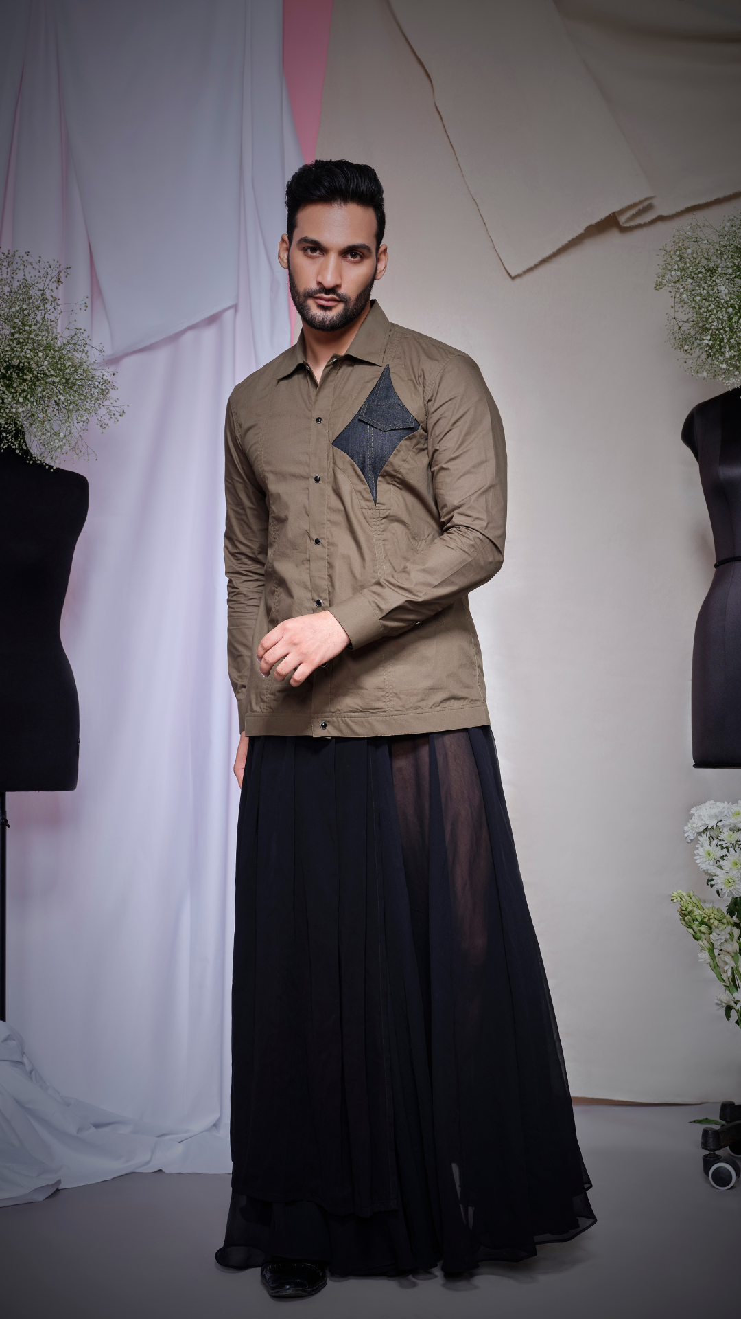 Olive zara cotton shacket with black denim diamond patch with pocket with olive stitching on one side